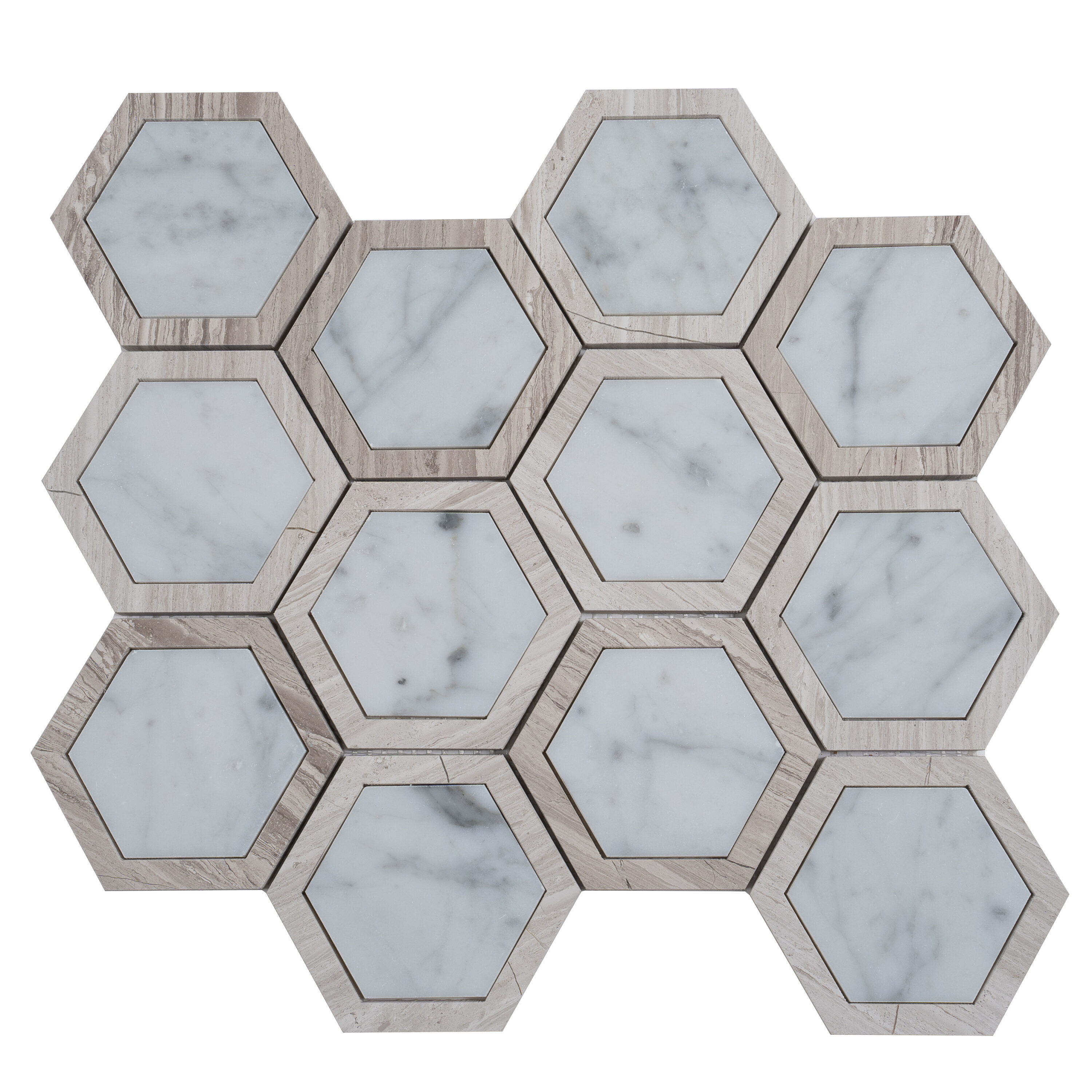 Apollo Tile APLSV88G36A Desert Hills Wooden Gray and White 12-in x 14-in Polished Natural stone Patterned Hexagon Mosaic Floor and Wall Tile ( 5.48-sq ft Carton )