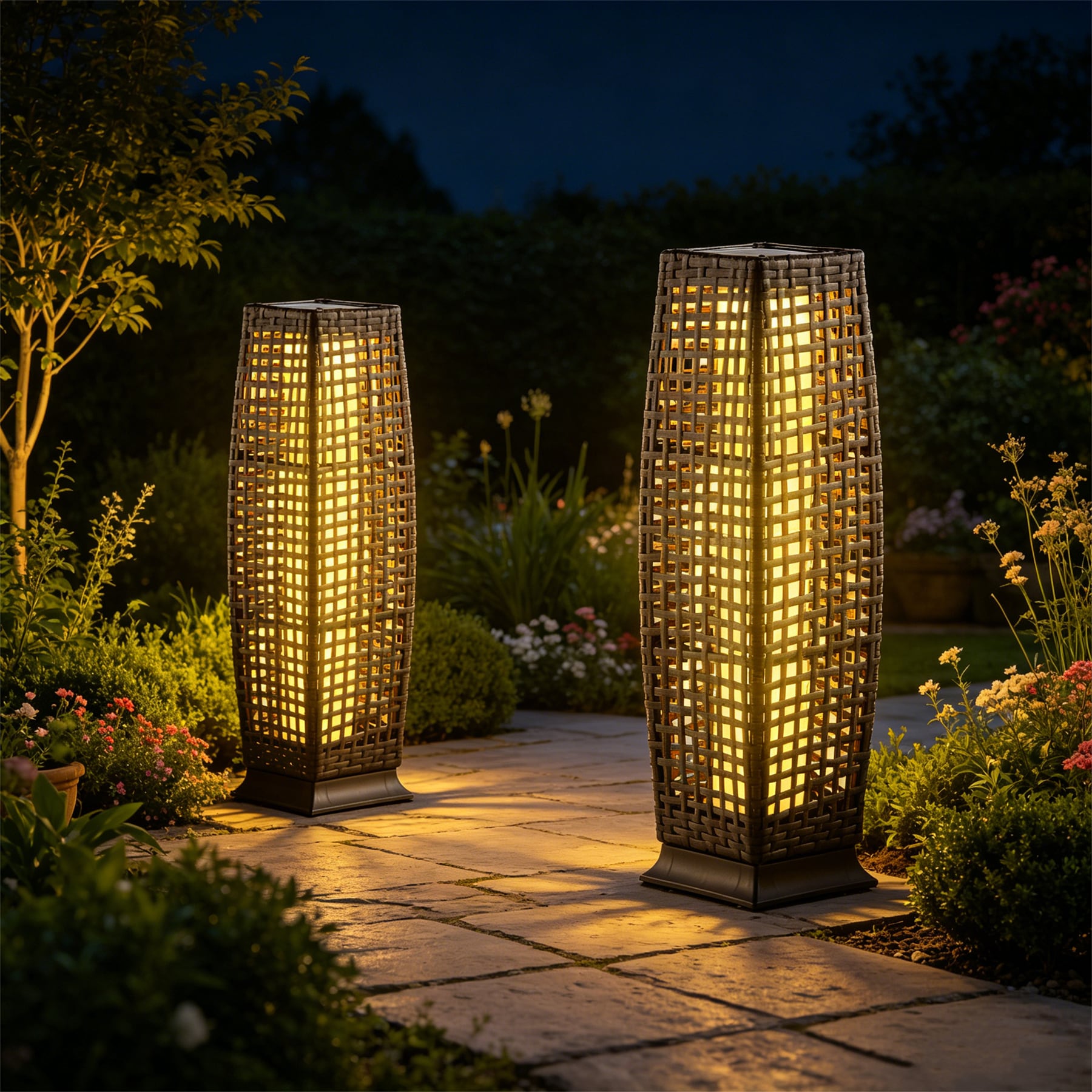 BABOOM Set of 2 Solar-Powered Floor Lamps 27-in Mix Brown Shaded floor lamp Floor Lamp with Rattan Shade