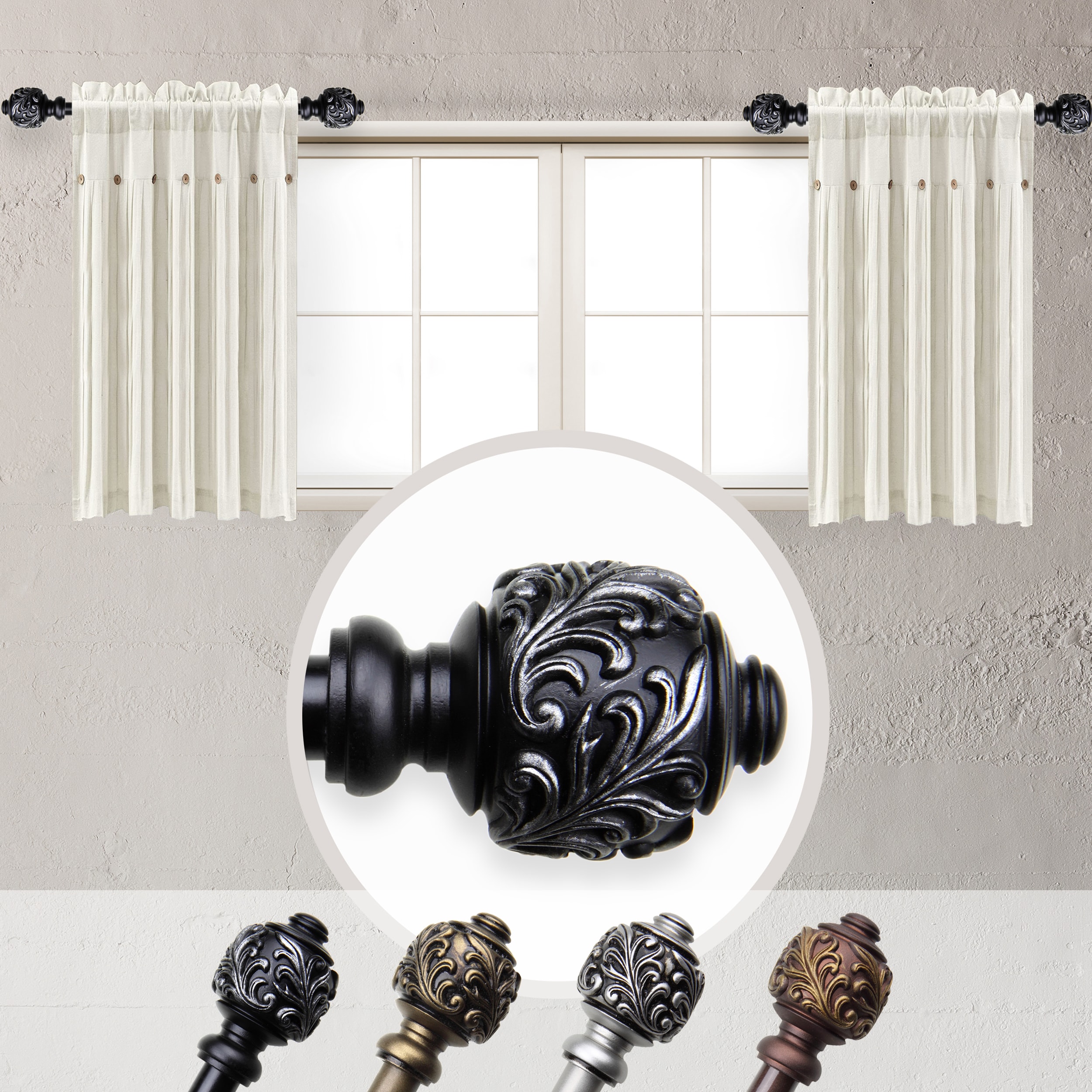 Hart & Harlow L-SIDE063-09-2 Tommy 5/8-in 2 -Pack 12-in to 20-in Black Steel Side curtain rod with Finials