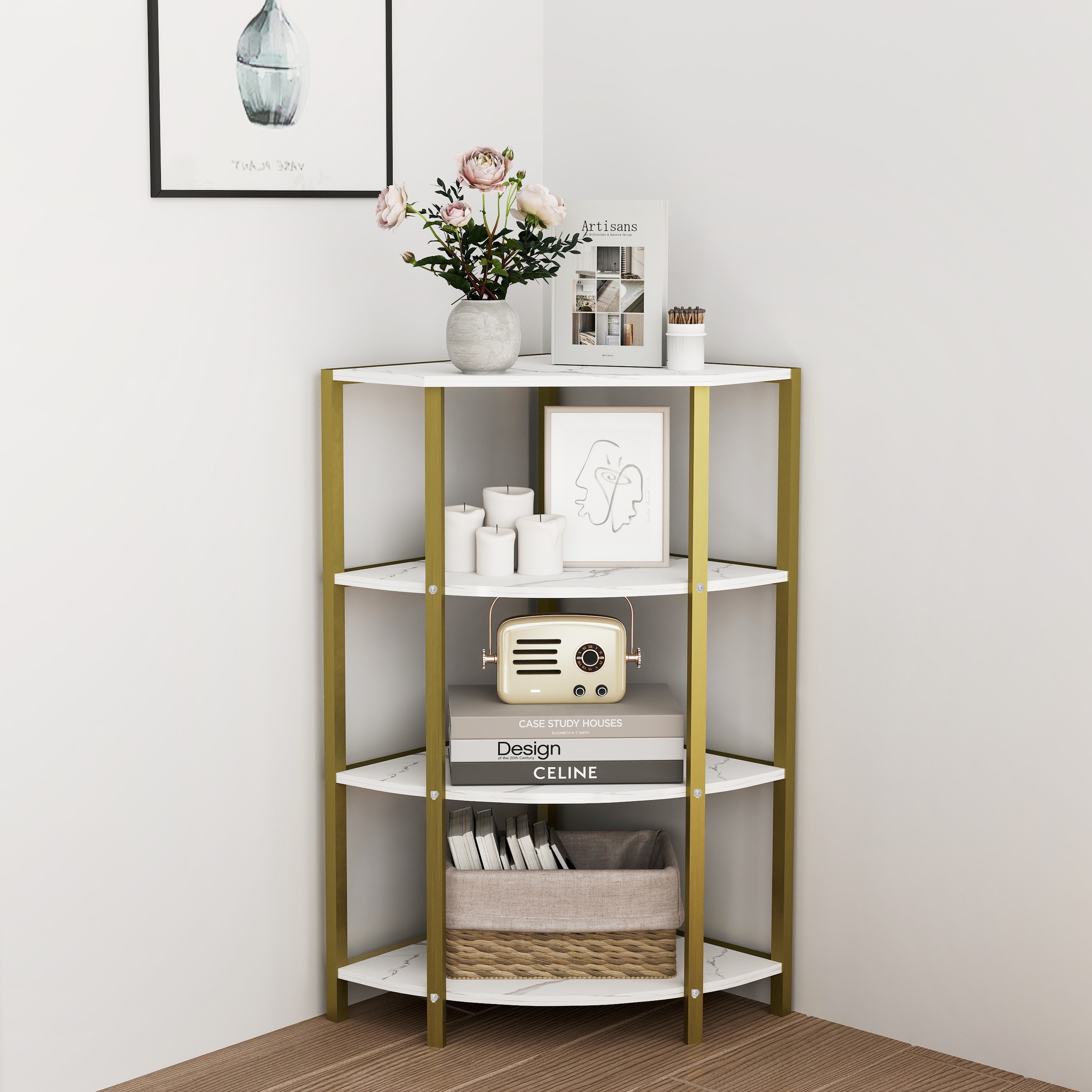 Blisstyle 4 Tier Corner Open Shelf Bookcase Freestanding Shelving Unit Plant Stand Small Bookshelf for Living Room Home Office Kitchen Small Space Bookcase Book Shelf Weight Storage Racks and Shelving Shelves Decor for Kitchen Living Room Bedroom Garage