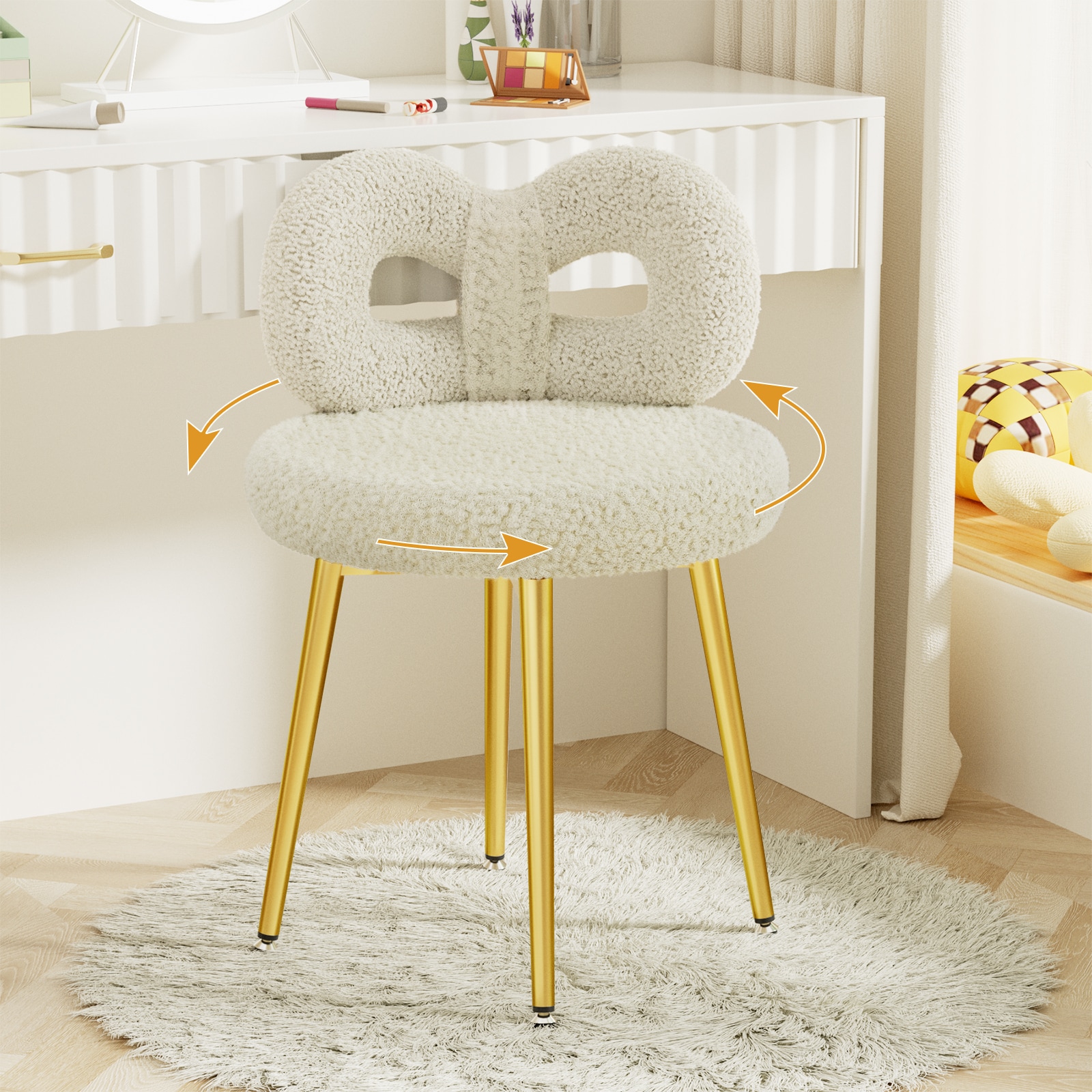 LOVMOR SWIVEL-CH-WHITE-GLEG Vanity Chair with Back Swivel Makeup Chair No Wheels Bedroom Chair with Upholstered and Cute Bow Backrest