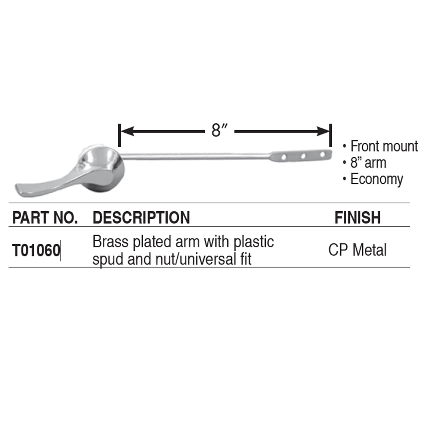 Universal Chrome Front Mount Toilet Tank Lever with Metal Arm