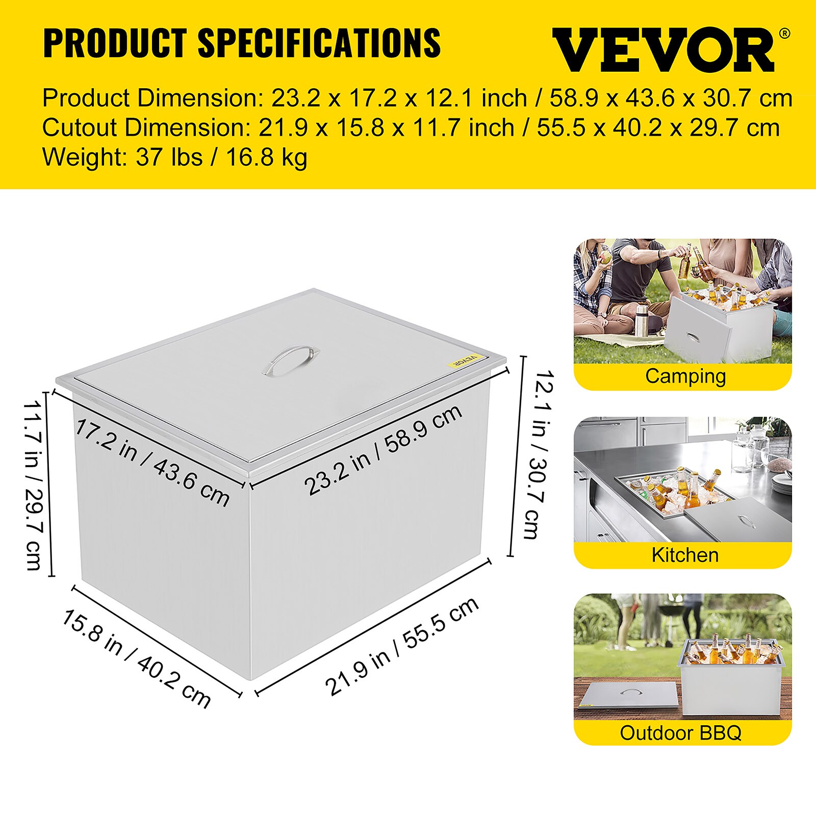 VEVOR 30.3-Gallons 27 x 18-in Drop-In Ice Bin Chest 304 Stainless Steel Stainless Steel Ice Bucket | JG18X27X210000001V0