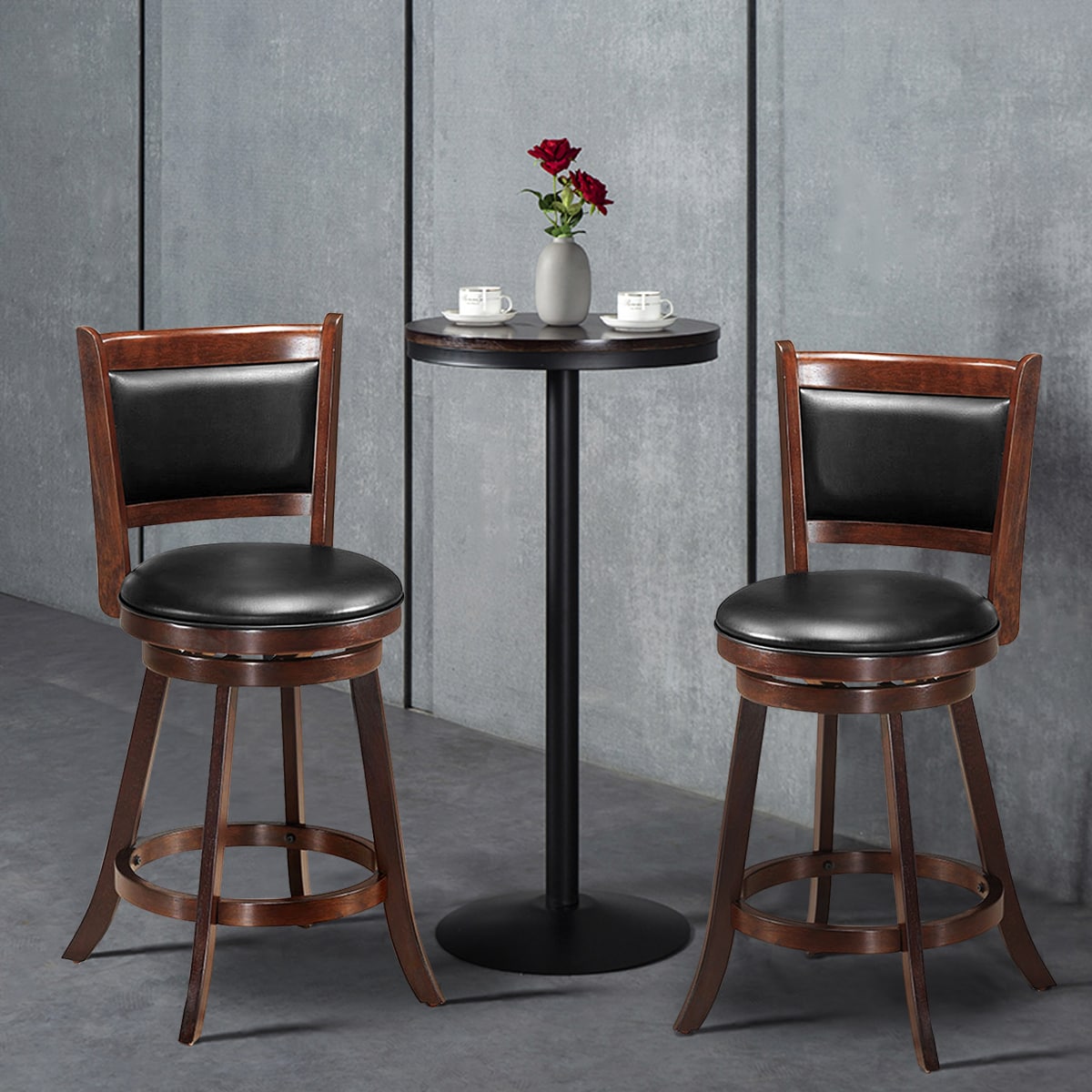 Espresso Swivel Rubberwood Bar Stools with Leather Upholstery