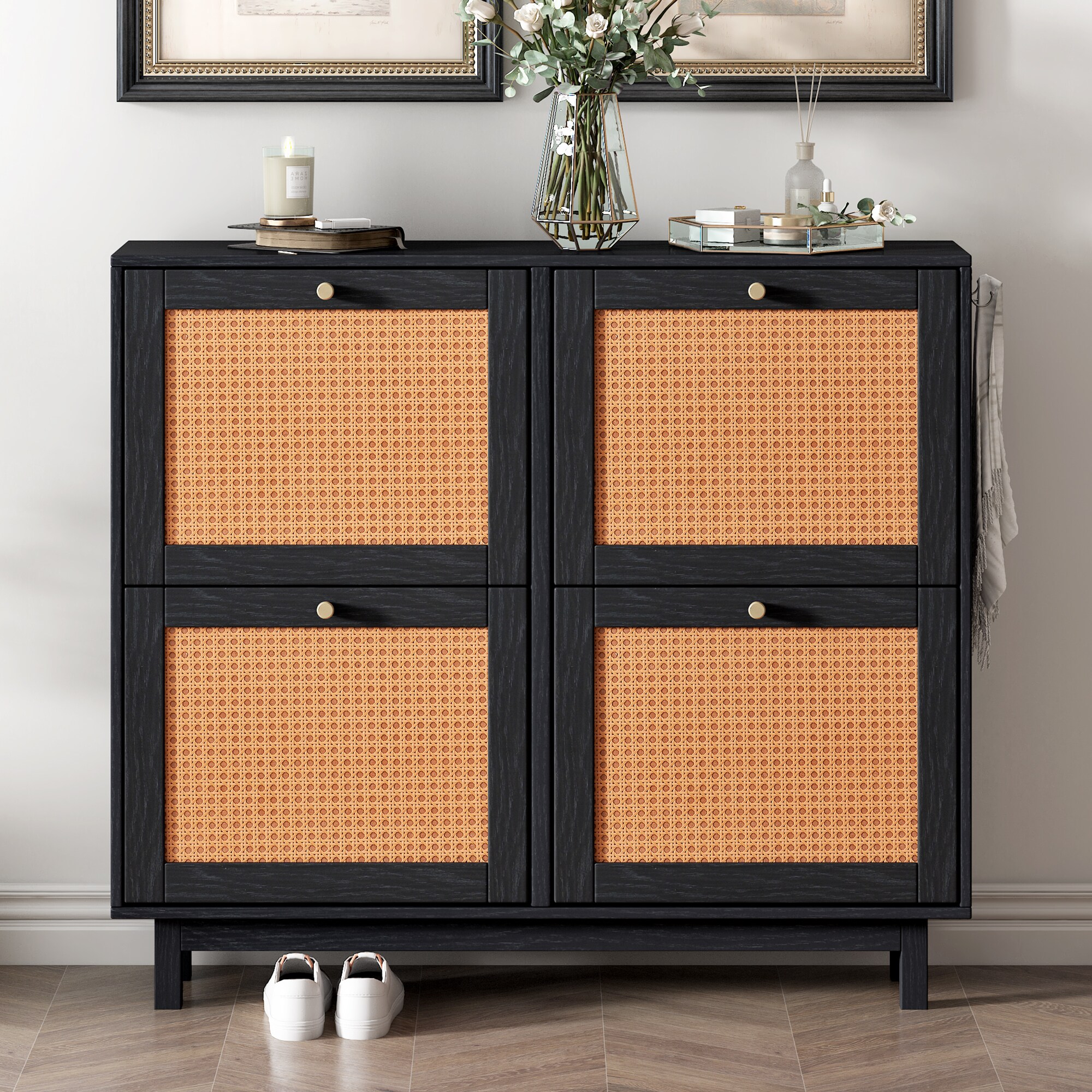 ModernLuxe Black MDF Shoe Cabinet with 3 Tiers and Hidden Flip Down Drawer  - Modern Minimalist Shoe Storage for 20 Pairs in the Shoe Storage  department at