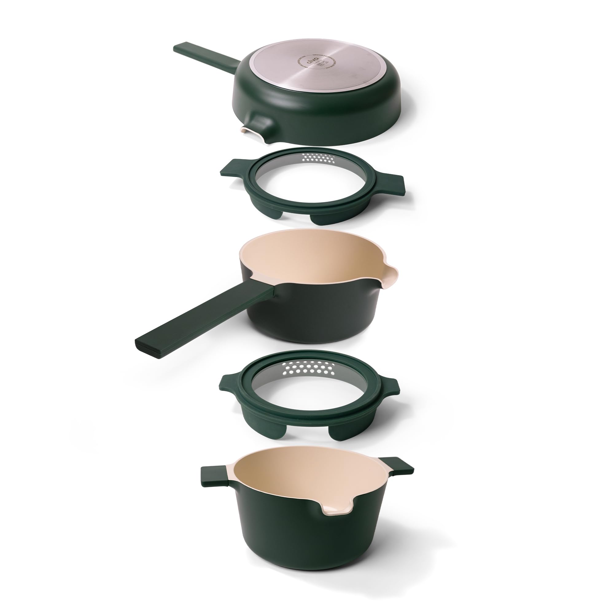 alva 101950 Neat 5-Piece Nested Ceramic Cookware Set PFAS and PFOA-Free Ceramic Nonstick Stackable Cookware Set Green