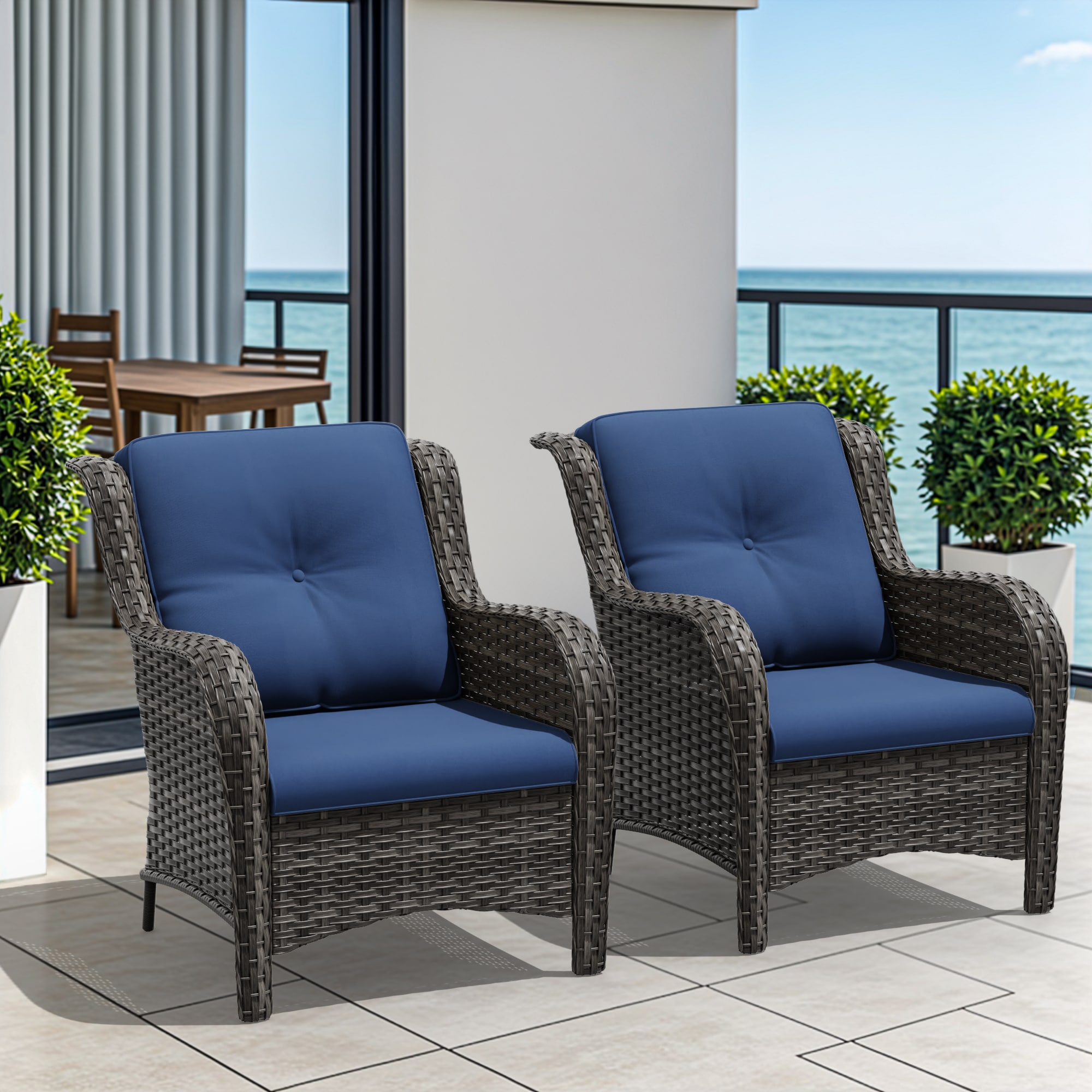 Gardenbee HGL-M08-BLU Wicker Brown Steel Frame Stationary Chaise Lounge Chair with Orange Cushioned Seat