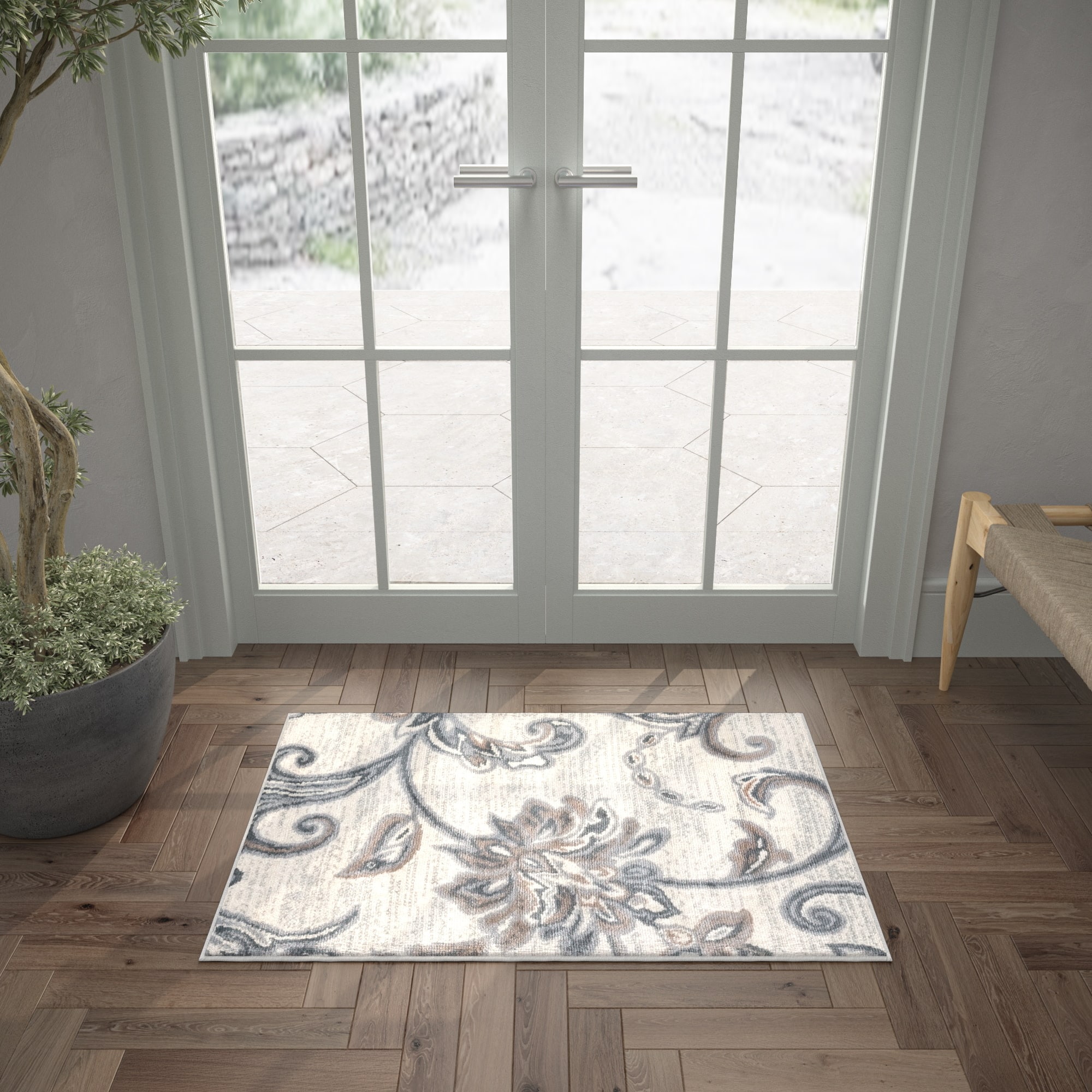 Tayse MDN3517 2X3 2 x 3 (ft) Loomed Polypropylene Cream Rectangular Indoor Floral/Botanical French Country Throw rug