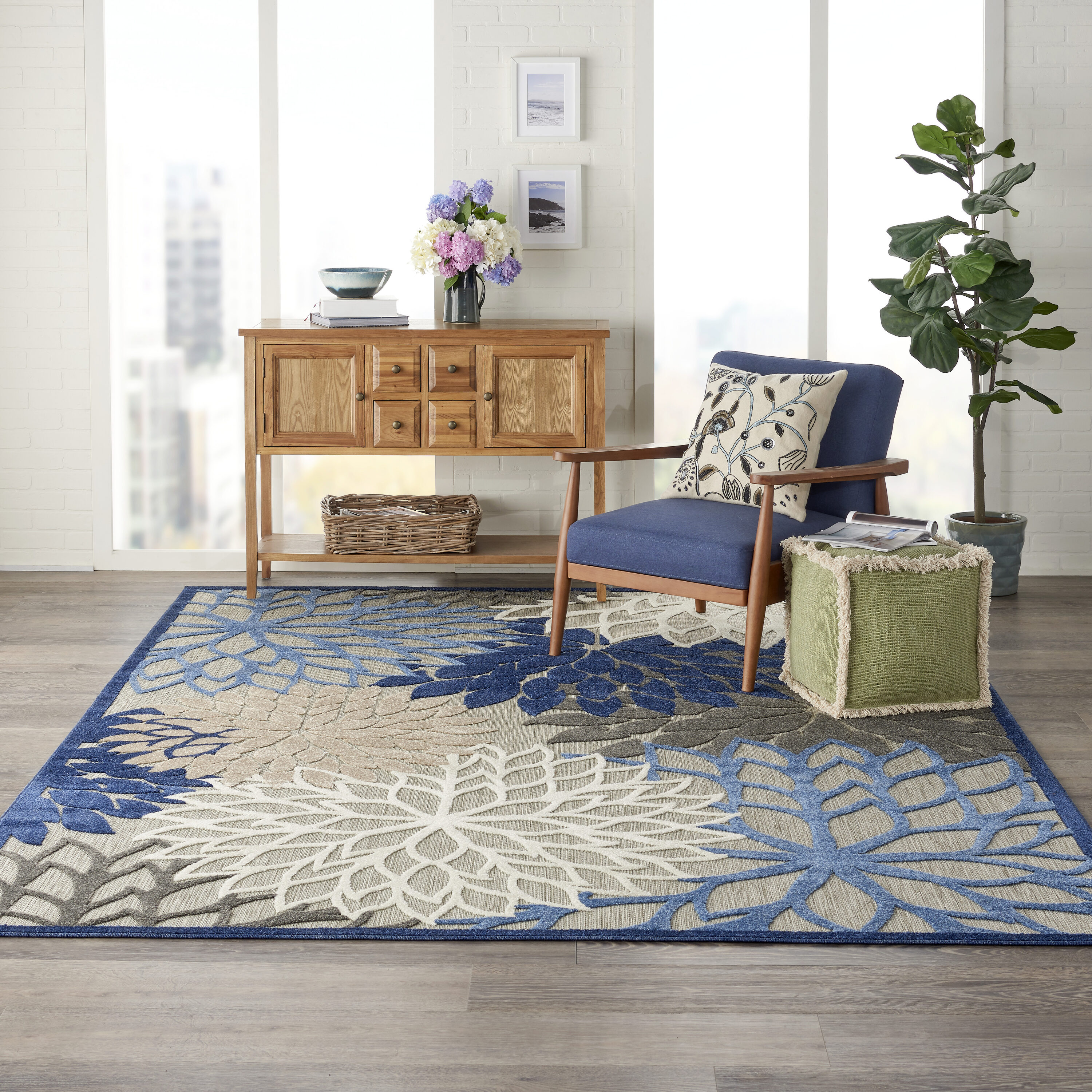 Nourison 99446739971 Aloha 7 x 10 (ft) Loomed Polypropylene Blue Rectangular Indoor/Outdoor Floral/Botanical Farmhouse/Cottage Area rug