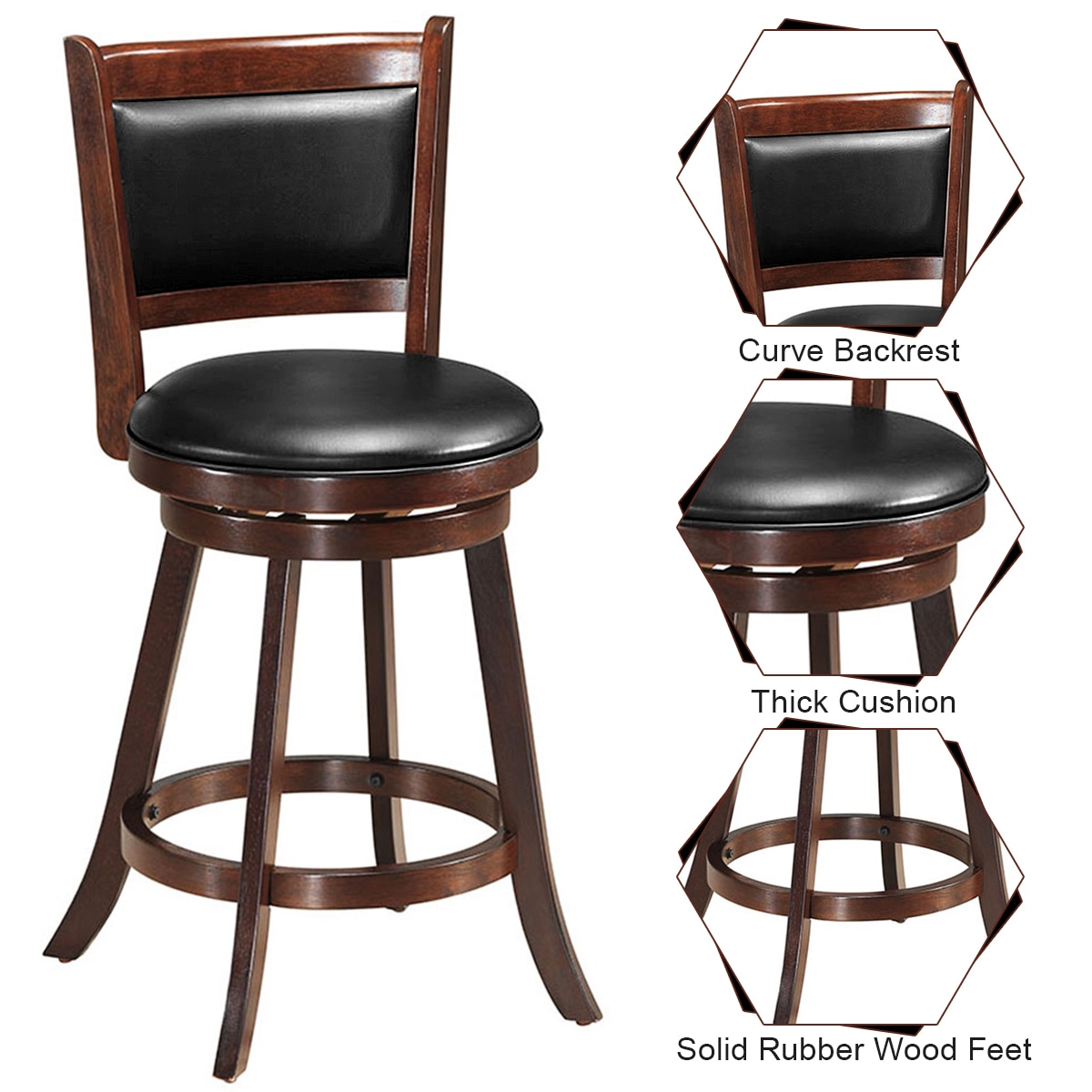 Espresso Swivel Rubberwood Bar Stools with Leather Upholstery