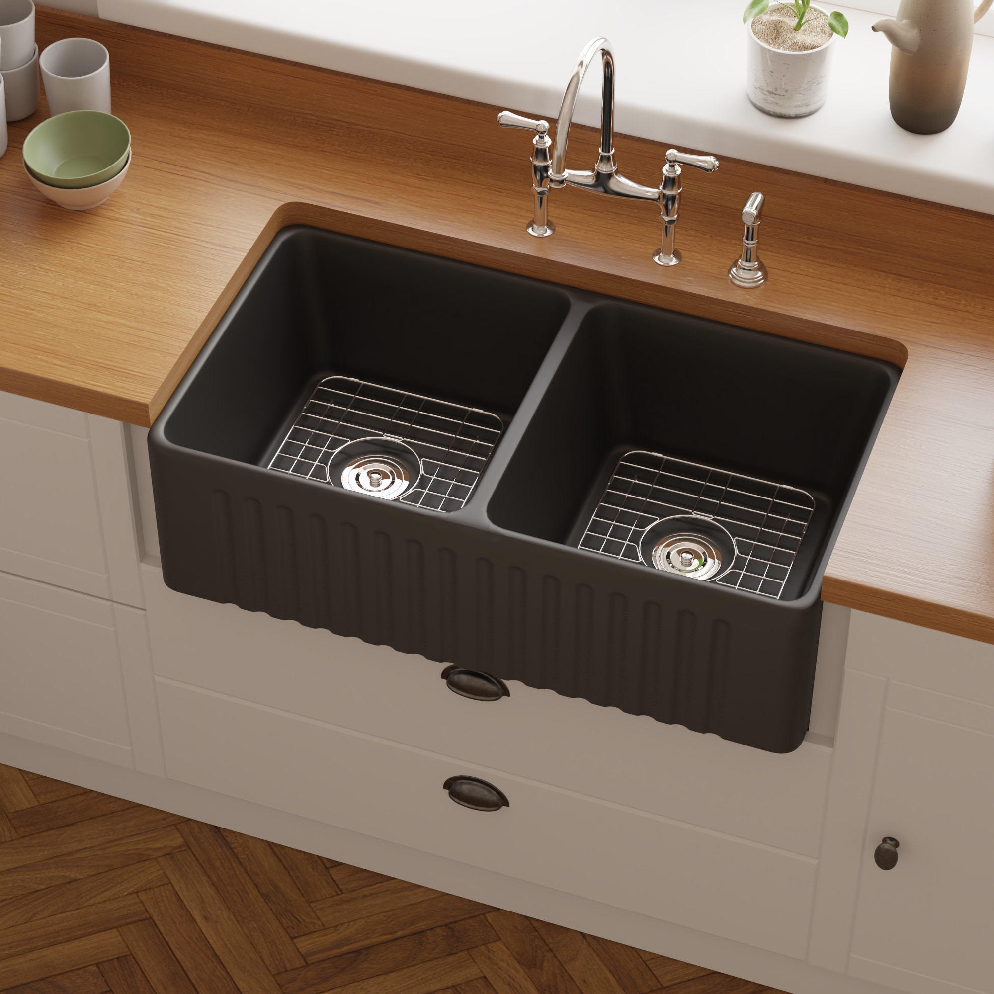 DeerValley DV-1K0080 Nova Undermount 33.27-in x 18-in Porcelain Double equal bowl Kitchen Sink