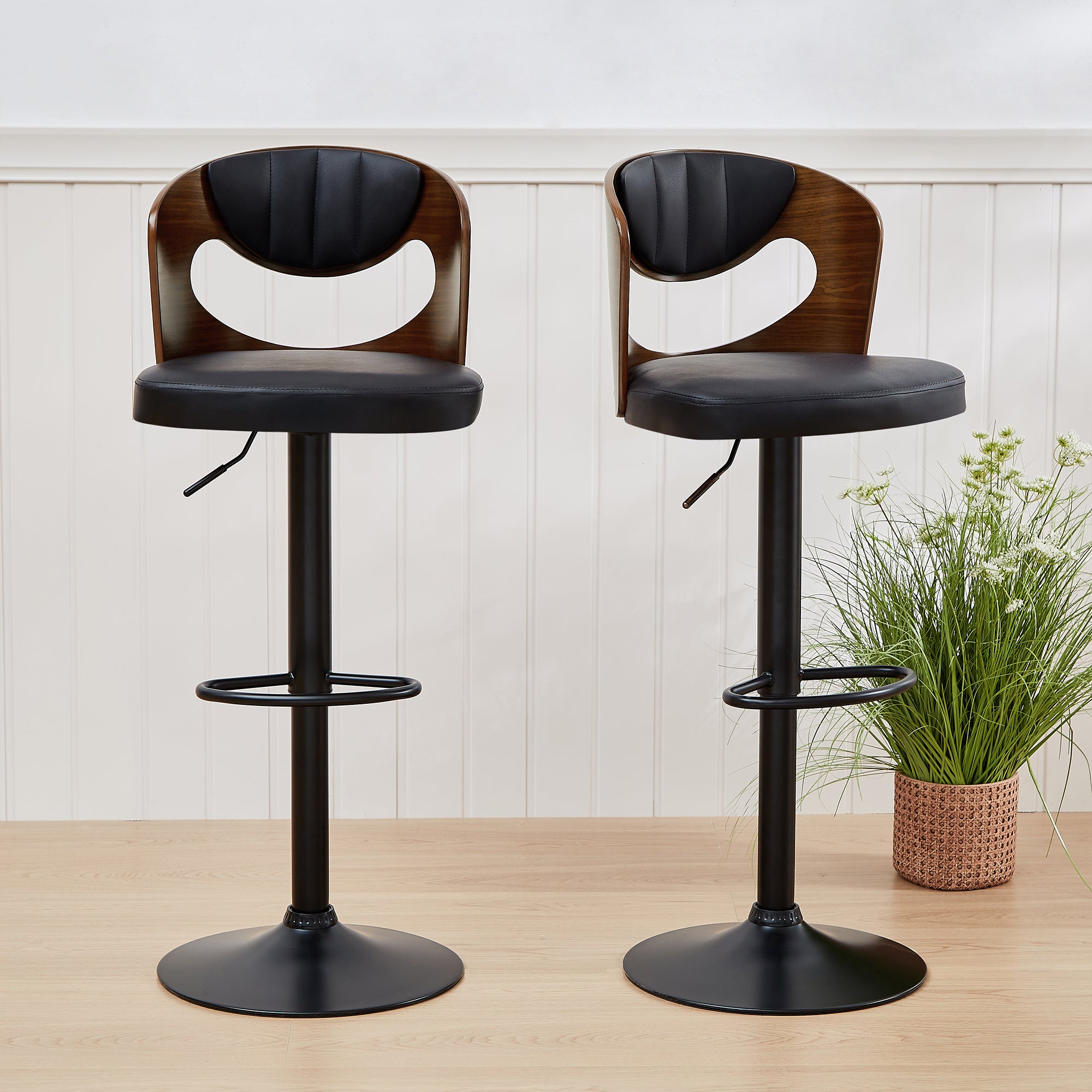 Vecelo LOE-C17-BLK Bar Stools Set Of 2 Adjustable Barstool Faux Leather Counter Height Stool Kitchen 360 Swivel Bar Chair With Back Metal Steel Base Chair