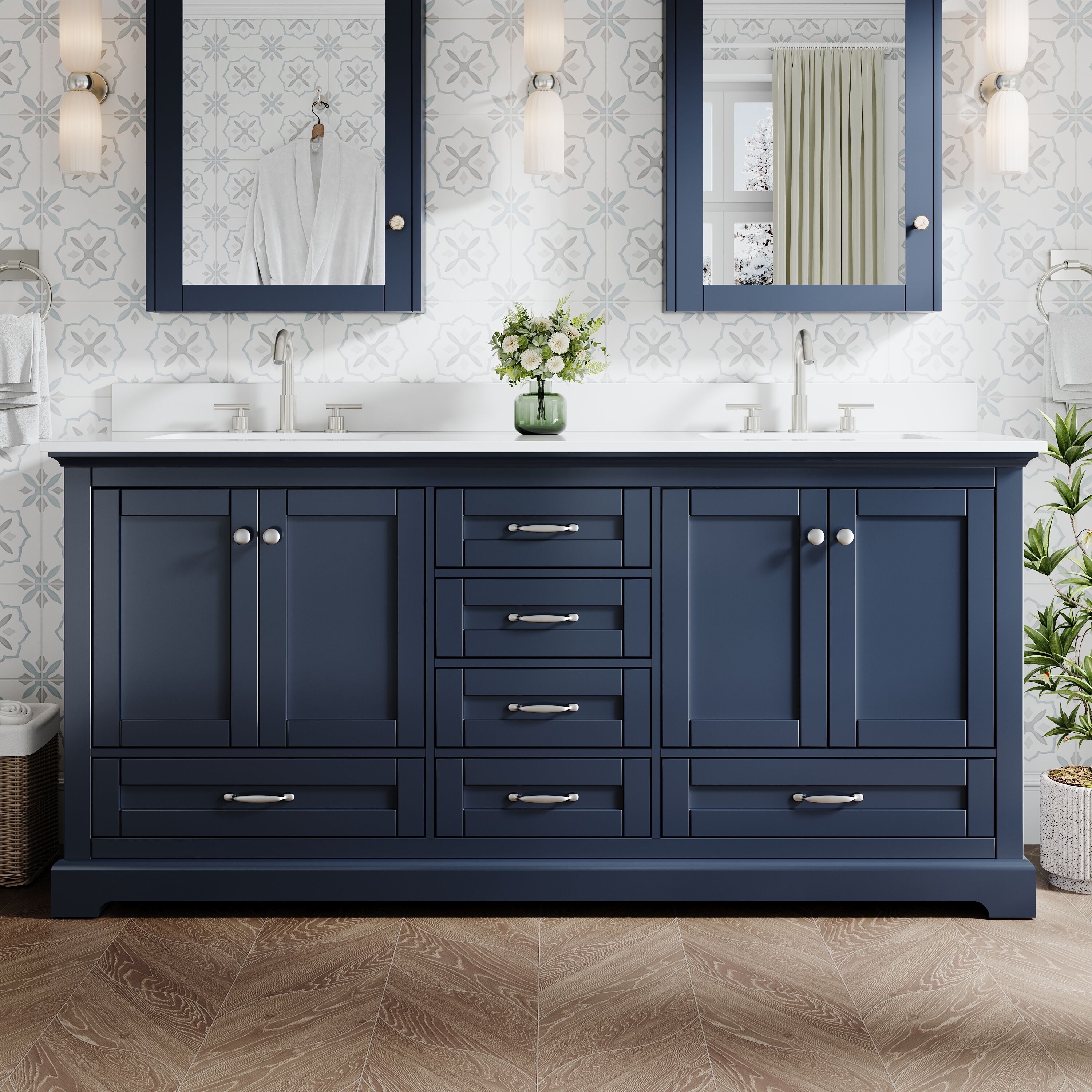 CALVON Solid wood Bathroom vanity 72-in Navy Blue Undermount Double Sink Bathroom Vanity with White Cultured Marble Top (Fully Assembled)