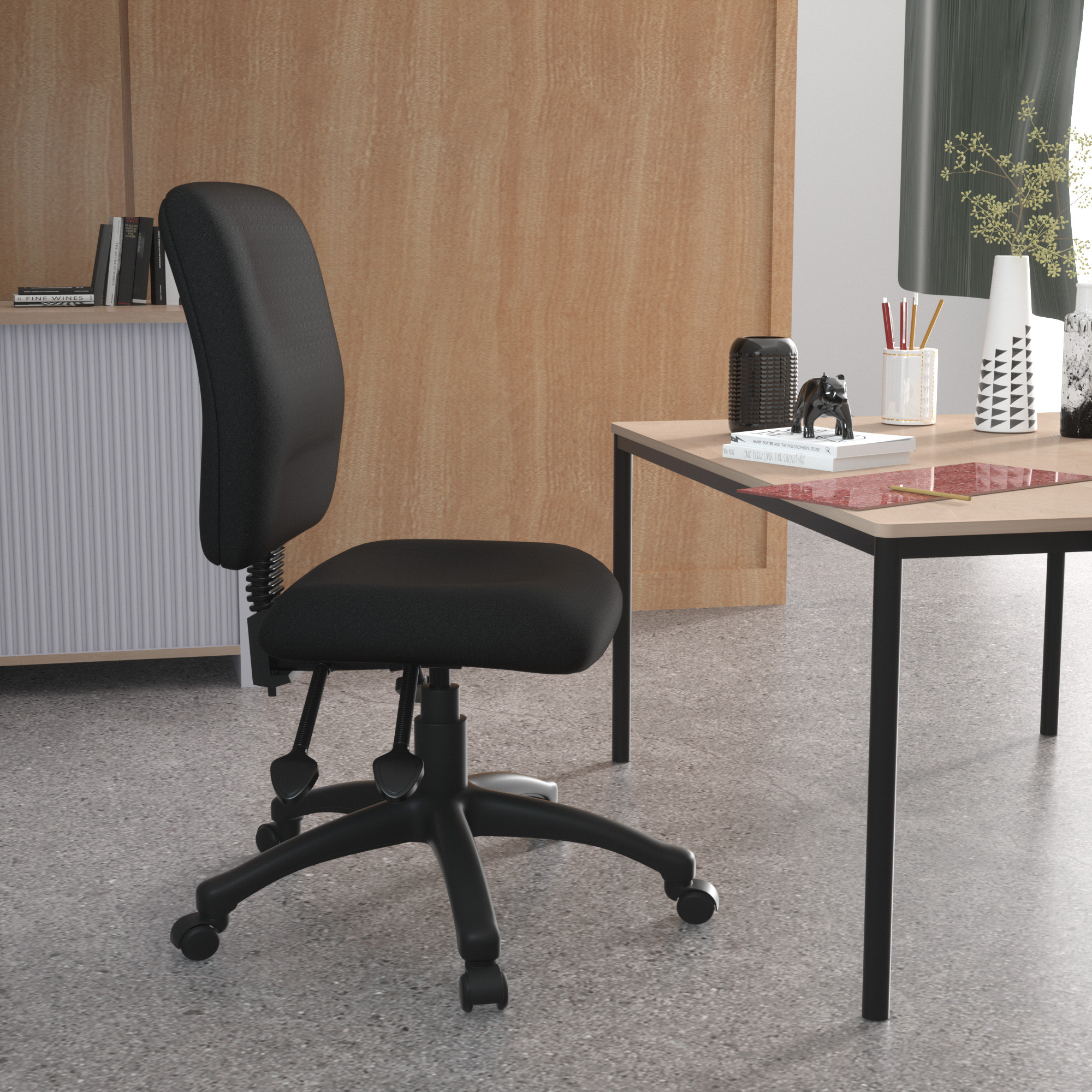 Adjustable Swivel Task Chair in Black Fabric with Lumbar Support