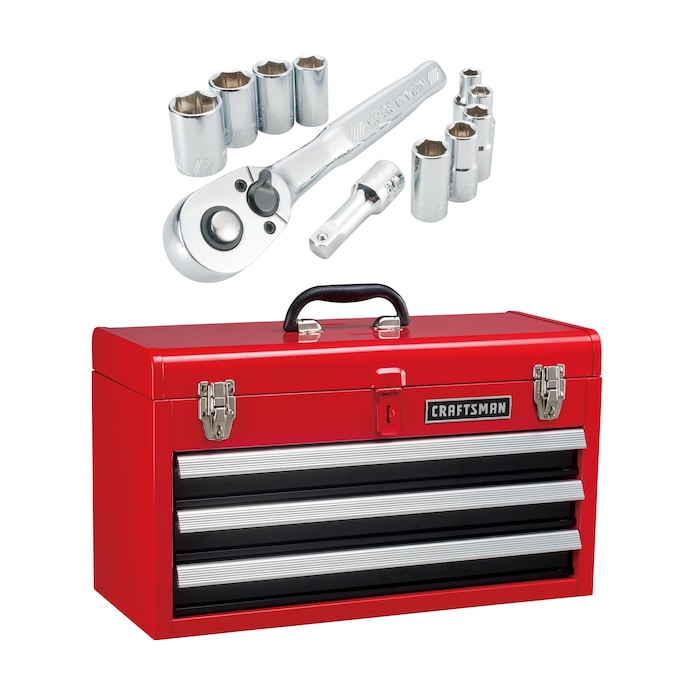 Shop CRAFTSMAN Portable 20.5-in Ball-bearing 3-Drawer Red Steel Lockable Tool  Box & 11-Piece Standard (SAE) Polished Chrome Mechanics Tool Set (1/4-in)  at
