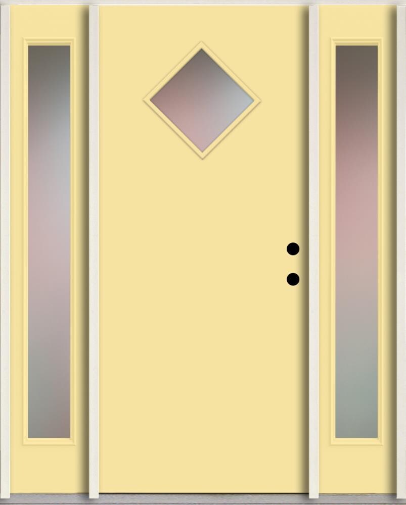 RELIABILT LO1067358 Spotlights 56-in x 80-in x 4-5/8-in Fiberglass 1/4 lite Left-hand inswing Cabana Yellow Paint Painted Prehung Front Door with Sidelights Insulating core