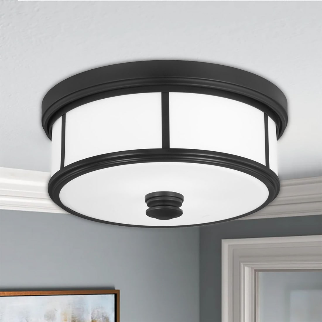 Minka Lavery Harbour Point 13.5-in Matte Black Indoor 2 -Light Flush Mount Light with Etched Glass