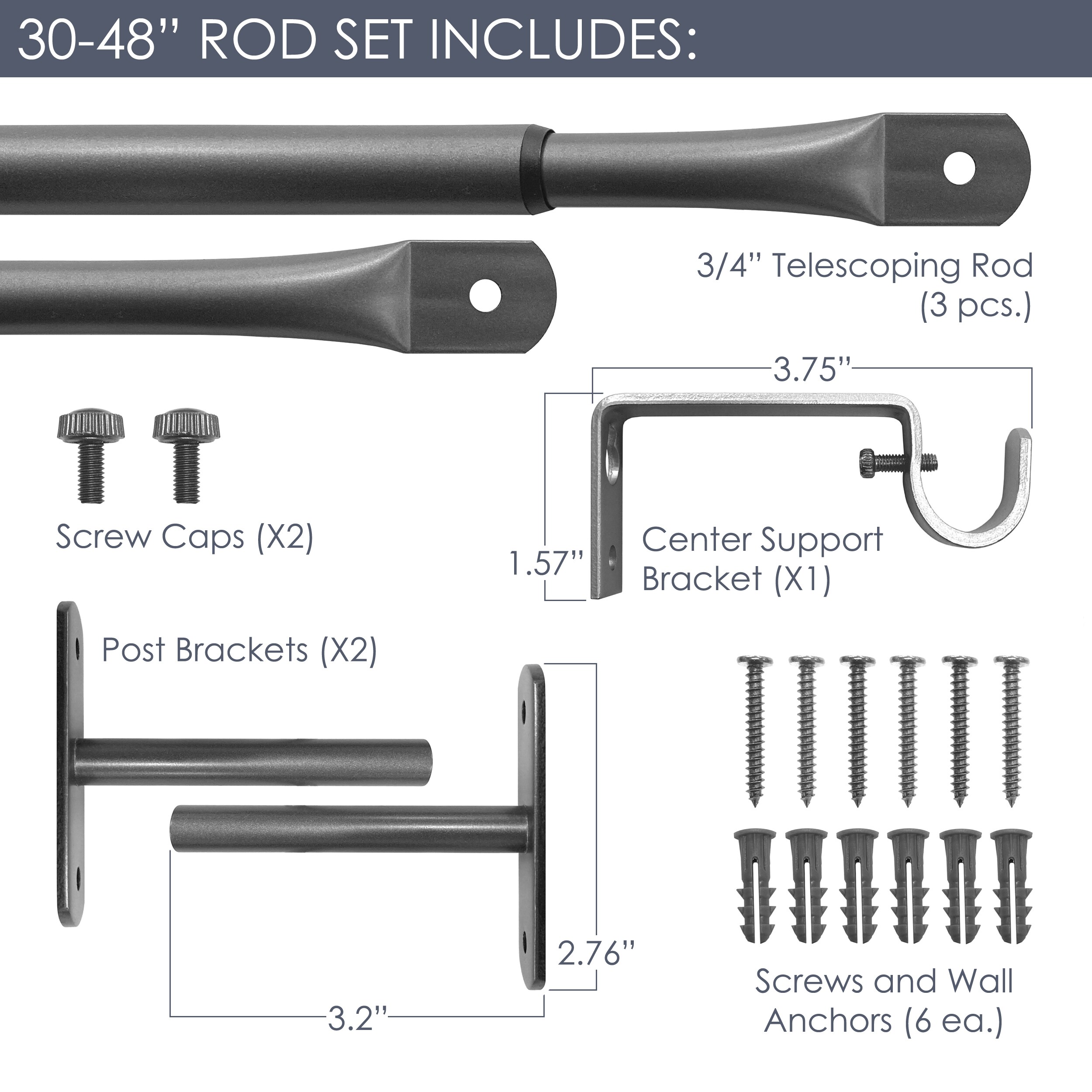 Black Adjustable Metal Curtain Rod with Finials
