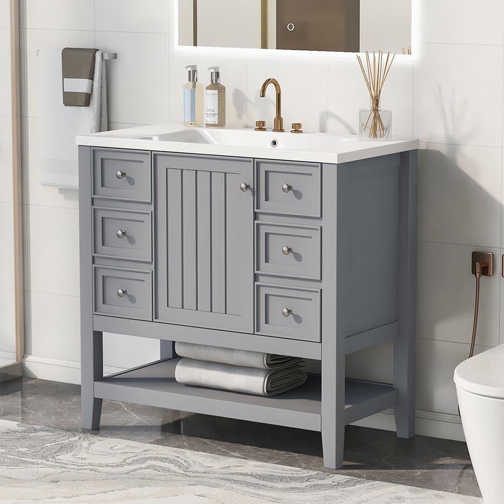 JUJABU ZJBATHVANTIY-6 Grey 36in Bathroom Vanity with Sink One Cabinet and Three Drawers Solid Wood and MDF Board for Bathroom