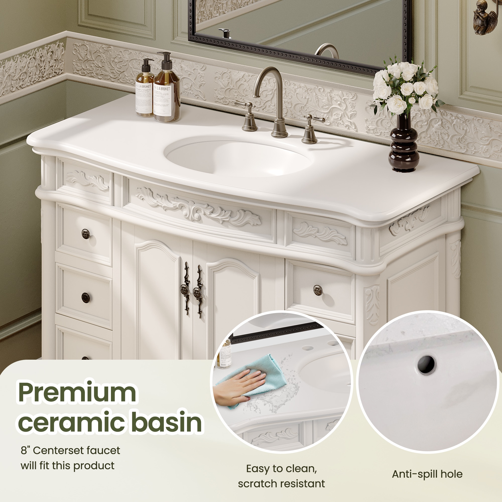 VOUA 48-in White Single Sink Bathroom Vanity with White