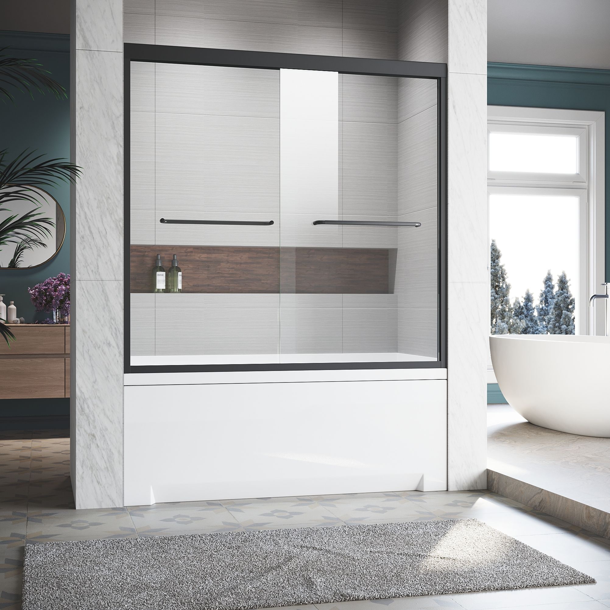 LIVIZA BIJ07 Matte Black 56-in to 60-in W x 62-in H Semi-Frameless Bypass Sliding Bathtub Door