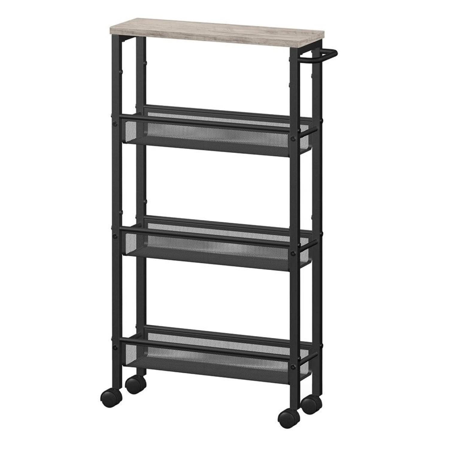 Slickblue - Slim Rustic Brown/ Heather Greige Kitchen Cart - 4-Tier Storage with Swivel Casters f...