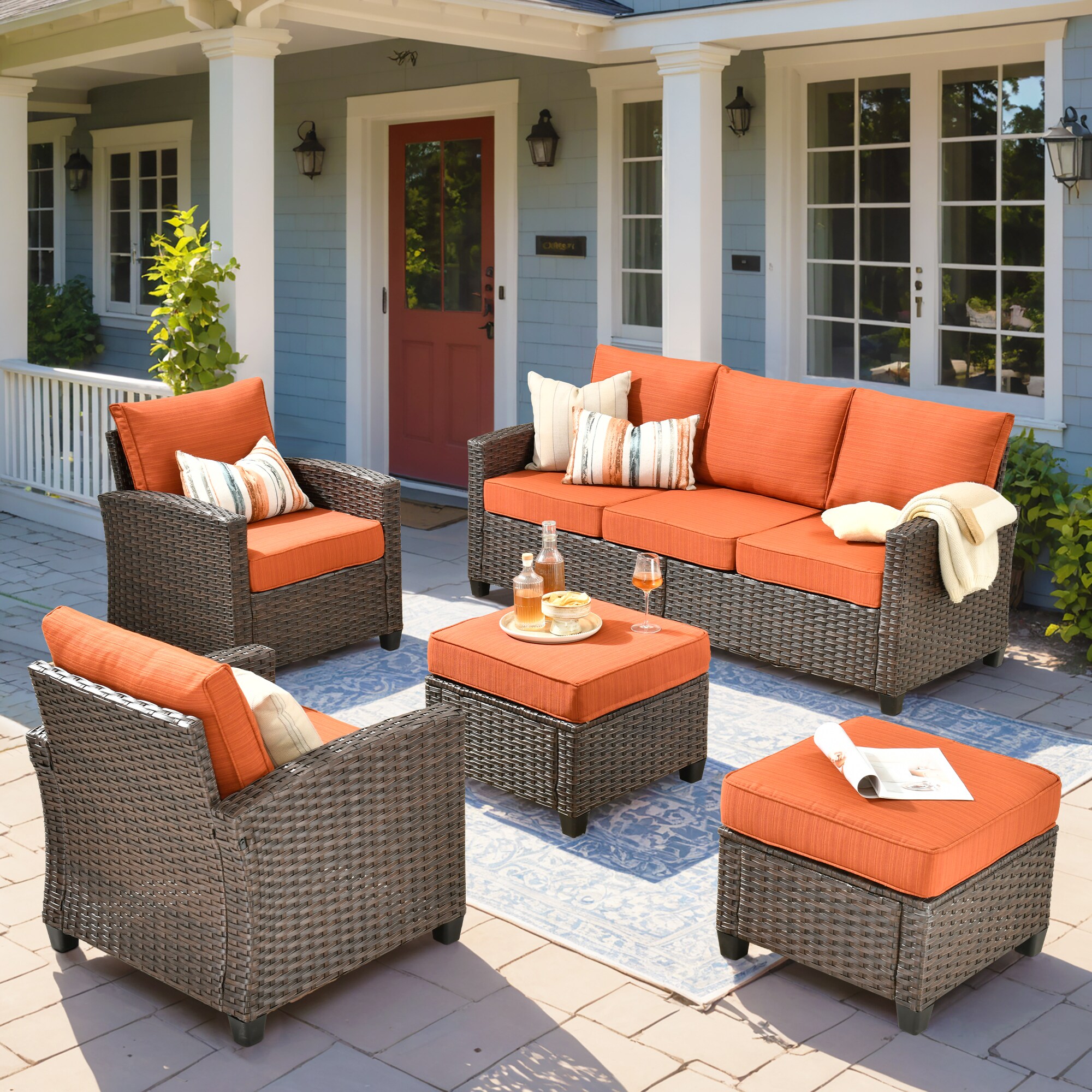 Caodoc L5-PRS801-1 PRS Rattan Outdoor Sofa with Orange Cushions and Rattan Frame