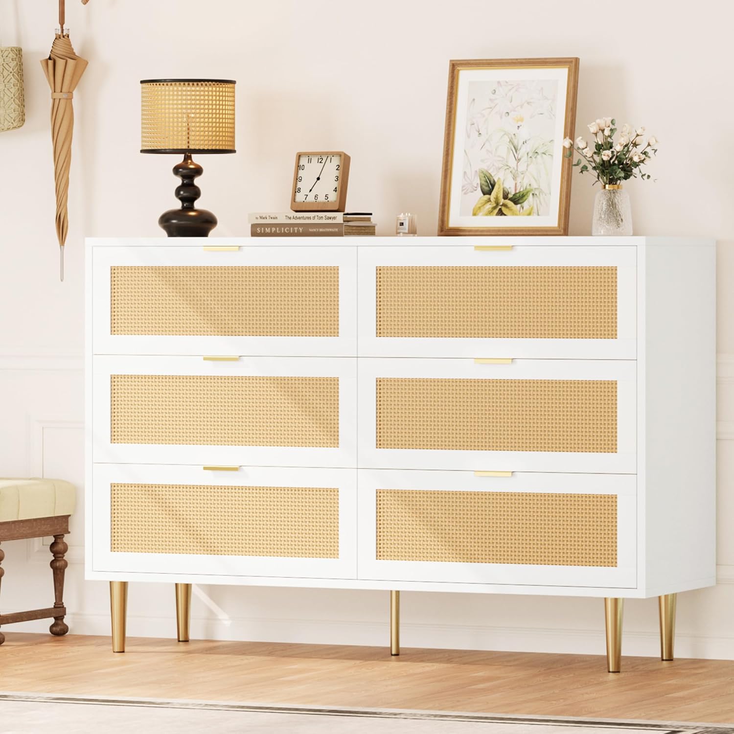 Garvee Rattan 6 Drawer Dresser for Bedroom Modern Chest of Drawers with ...