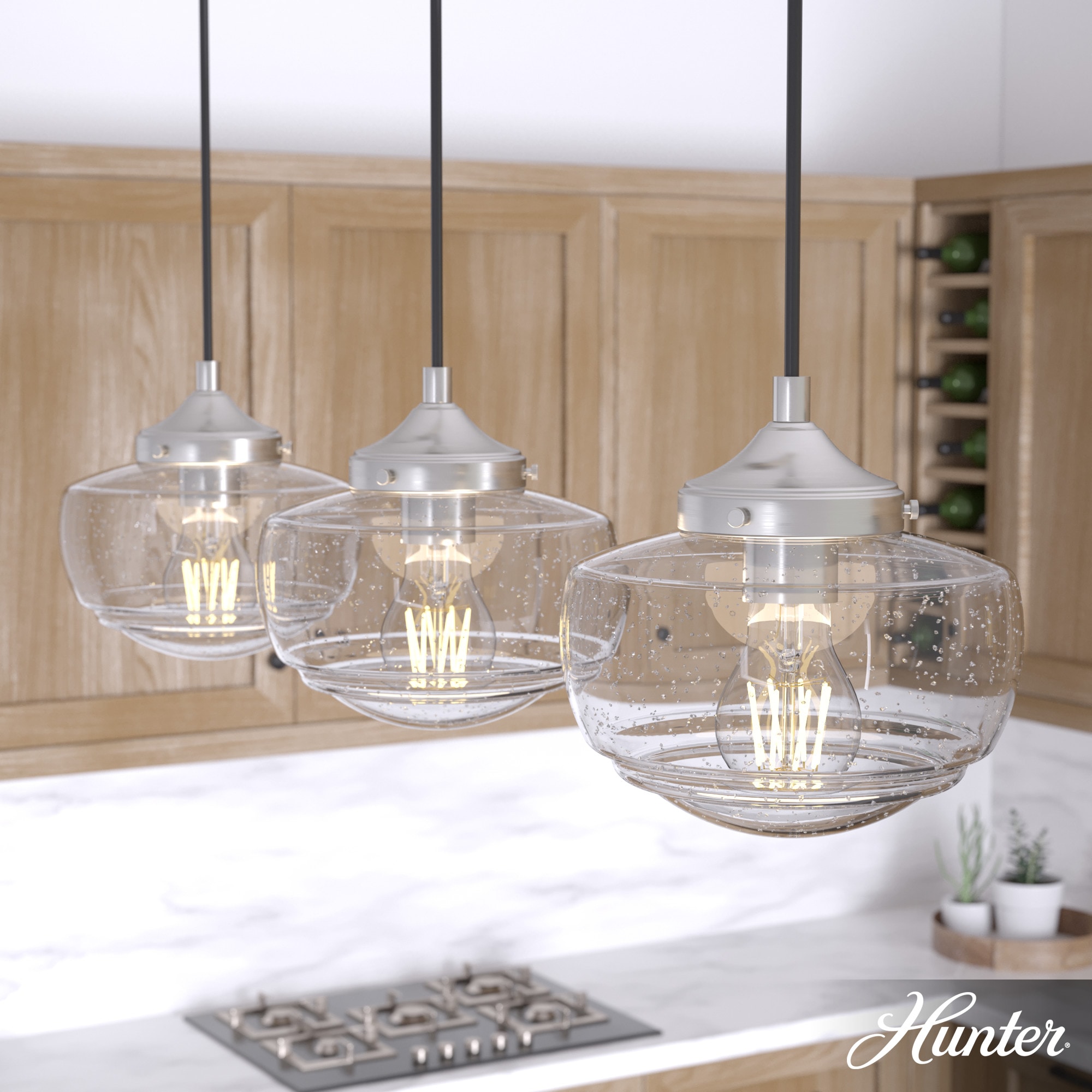 Hunter Saddle Creek 3-Light Brushed Nickel Transitional Seeded Glass LED Small Hanging