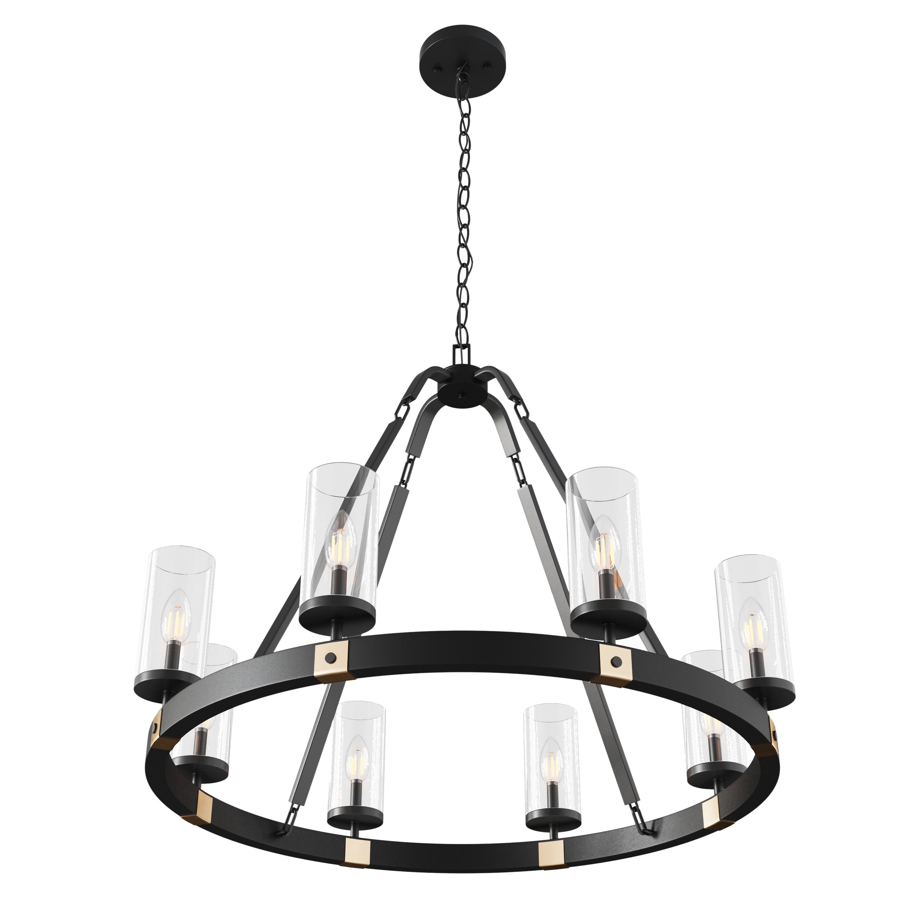 Black Industrial Wagon Wheel Candle Chandelier with Clear Glass Shades