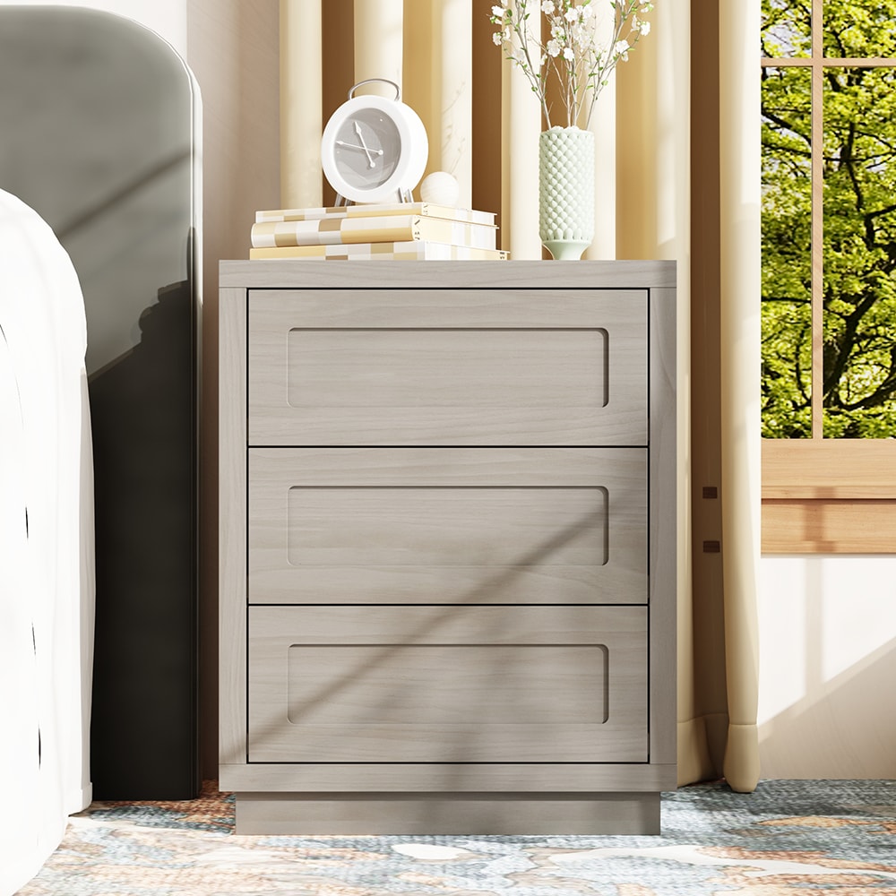 Homsee C-KF260157-01 Wood Grain Nightstand with 3 Drawers and Raised Base Modern End Table for Bedroom Storage 23.6''L x 15.7''W x 29.9''H Gray