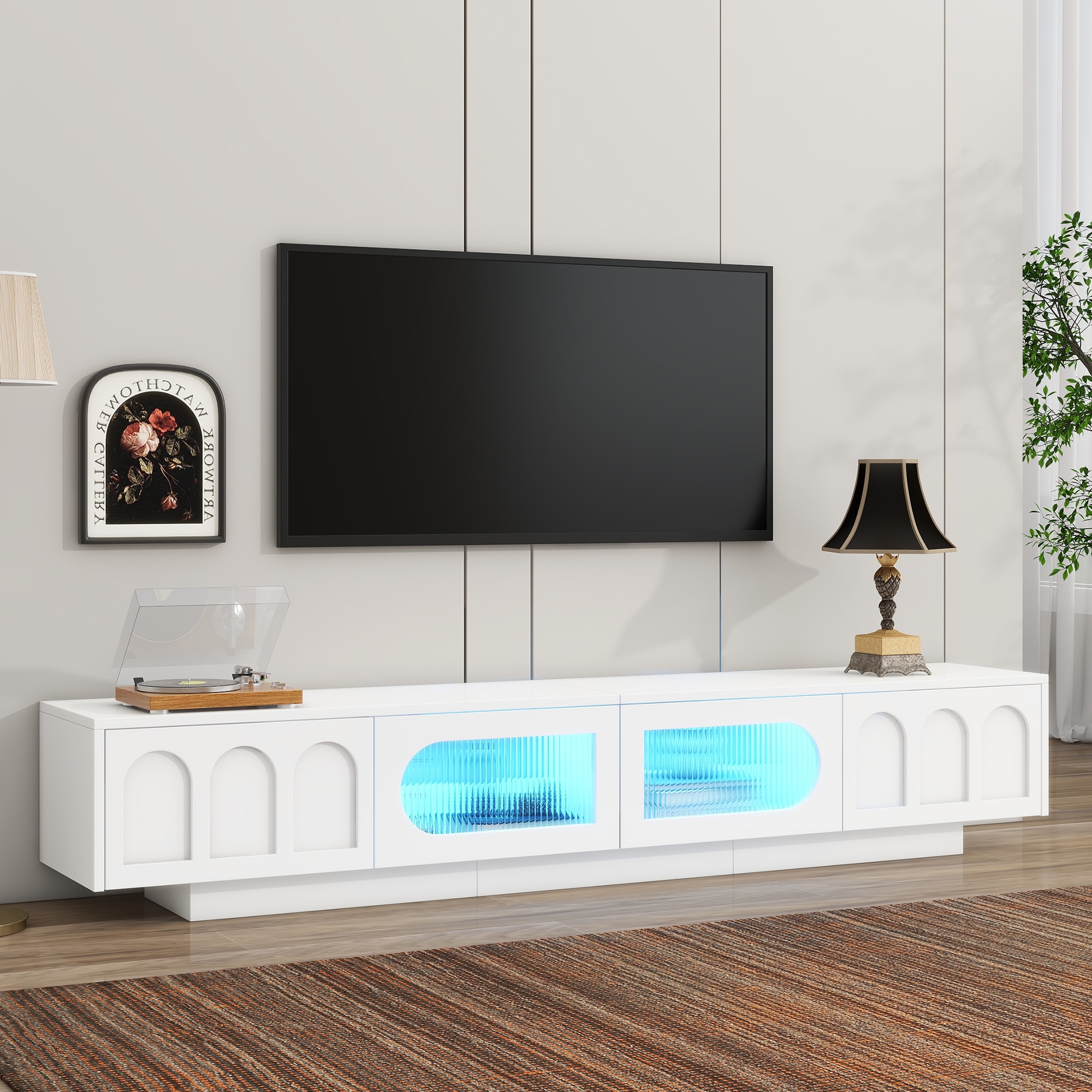 ModernLuxe WF531672AAK TV Stand with Fluted tempered Glass Doors for TVs Up to 95inch Functional Media Console with Arched Cabinet Doors Entertainment Center with APPControlled LED Light for Living Room White