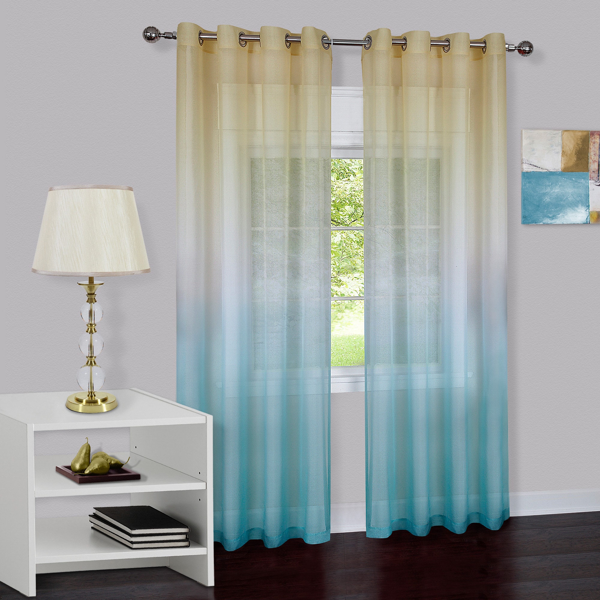 Blue Ombre Sheer Grommet Ground Length Curtain Panel