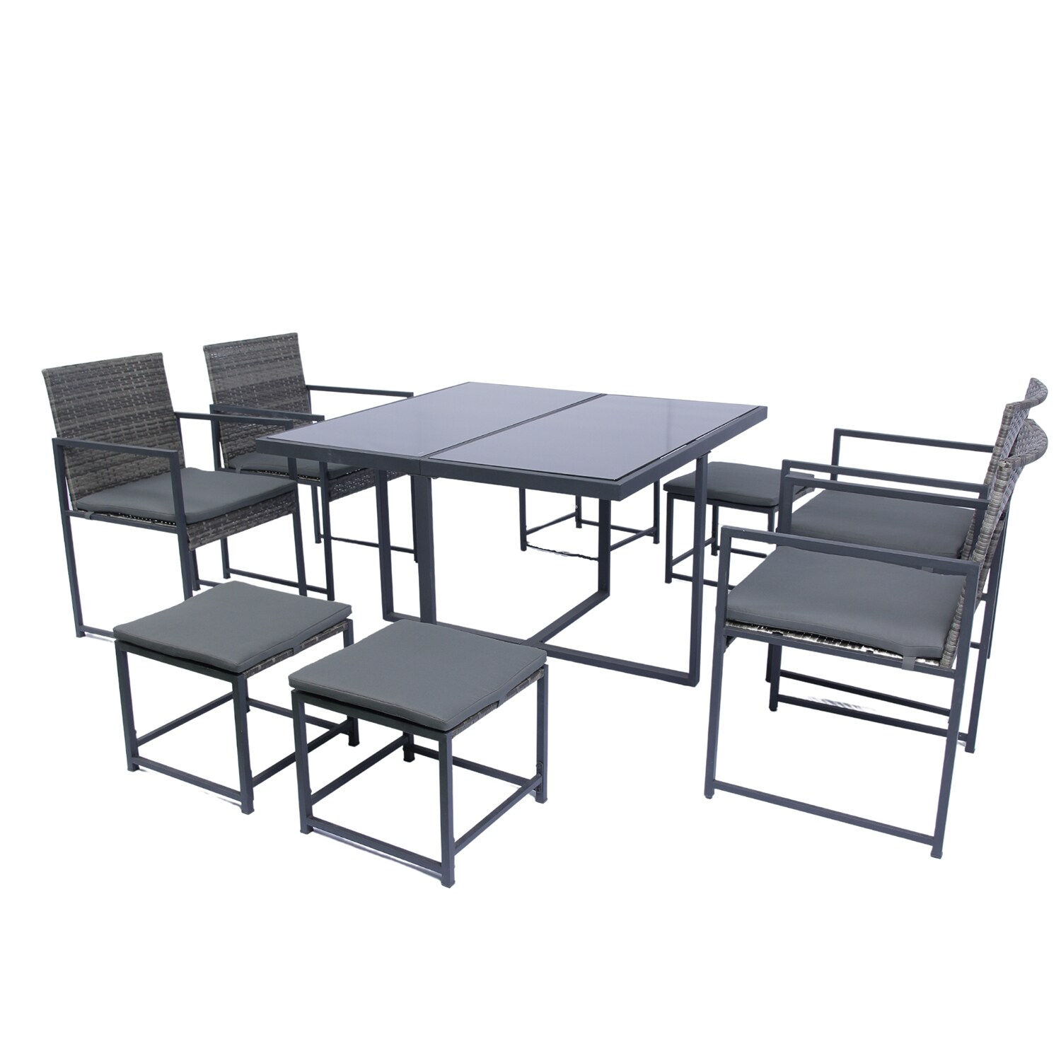 SINOFURN SYA710032GY 9 -Piece Gray Wicker Patio Dining Set Wicker Square Table with 4 Gray Cushions Stationary Chairs
