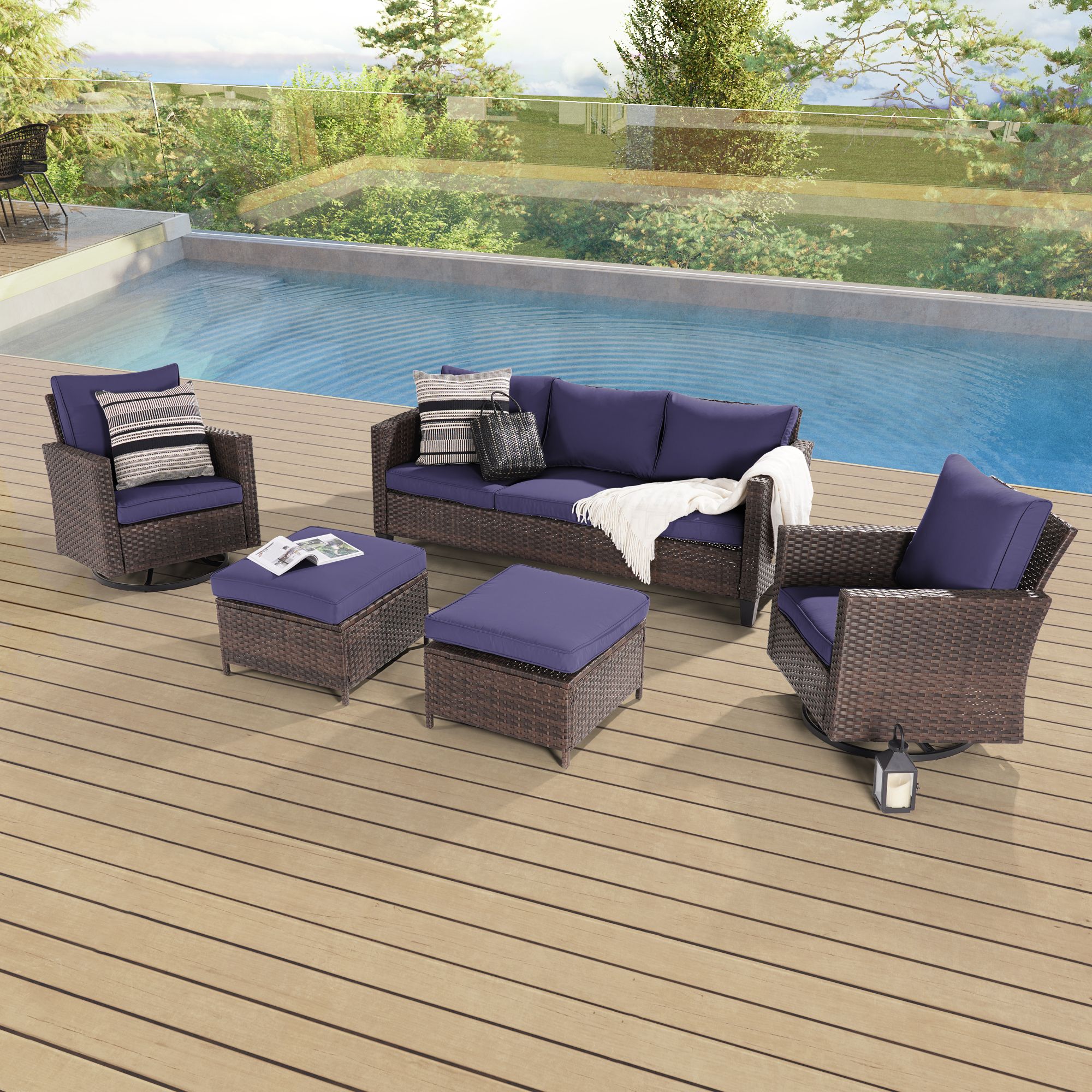 ACEGOSES 5-Piece Wicker Patio Sofa Conversation Set with Blue Cushions ...