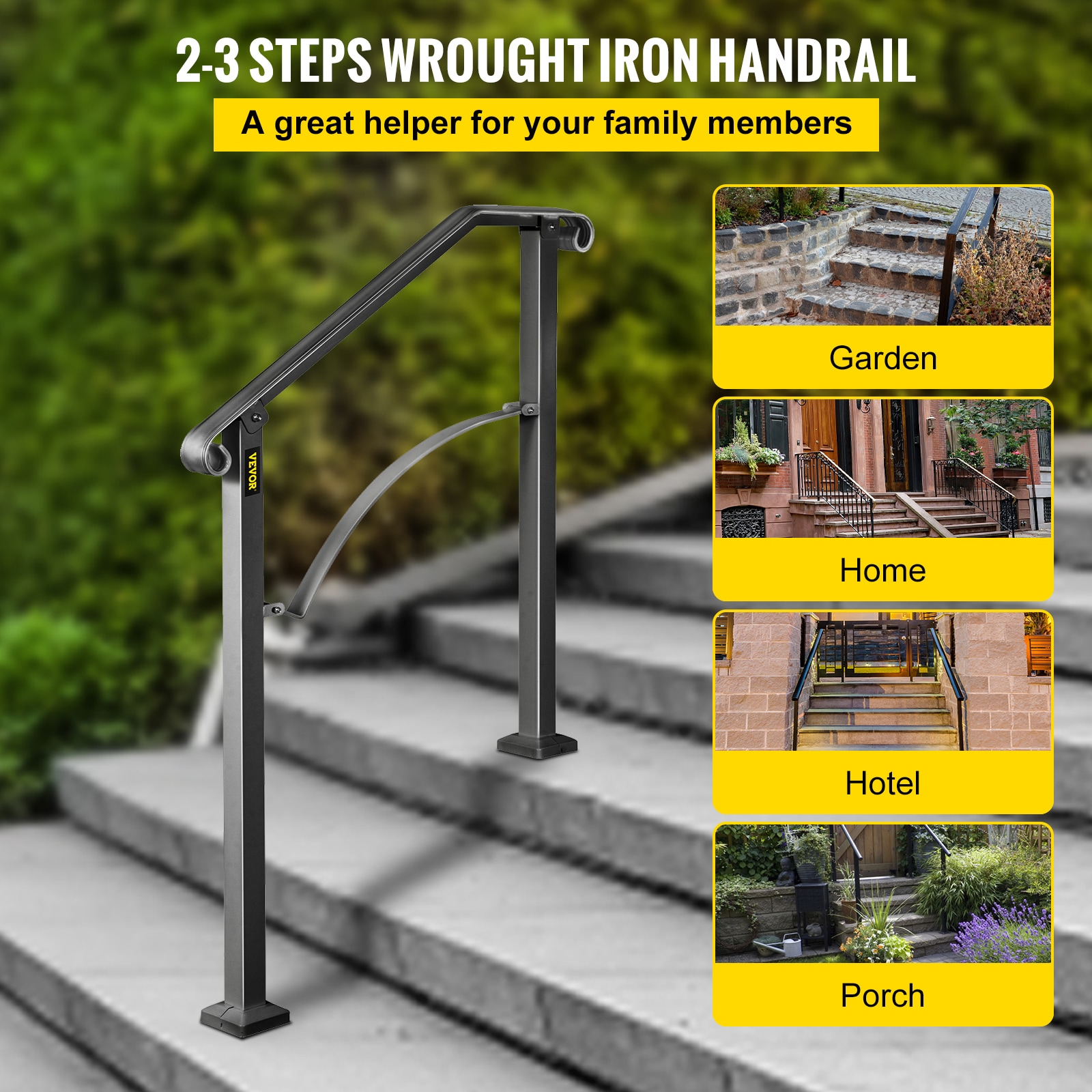 VEVOR 2-3 Steps Wrought Iron Handrail 28-in x 38.2-in Wrought Iron ...