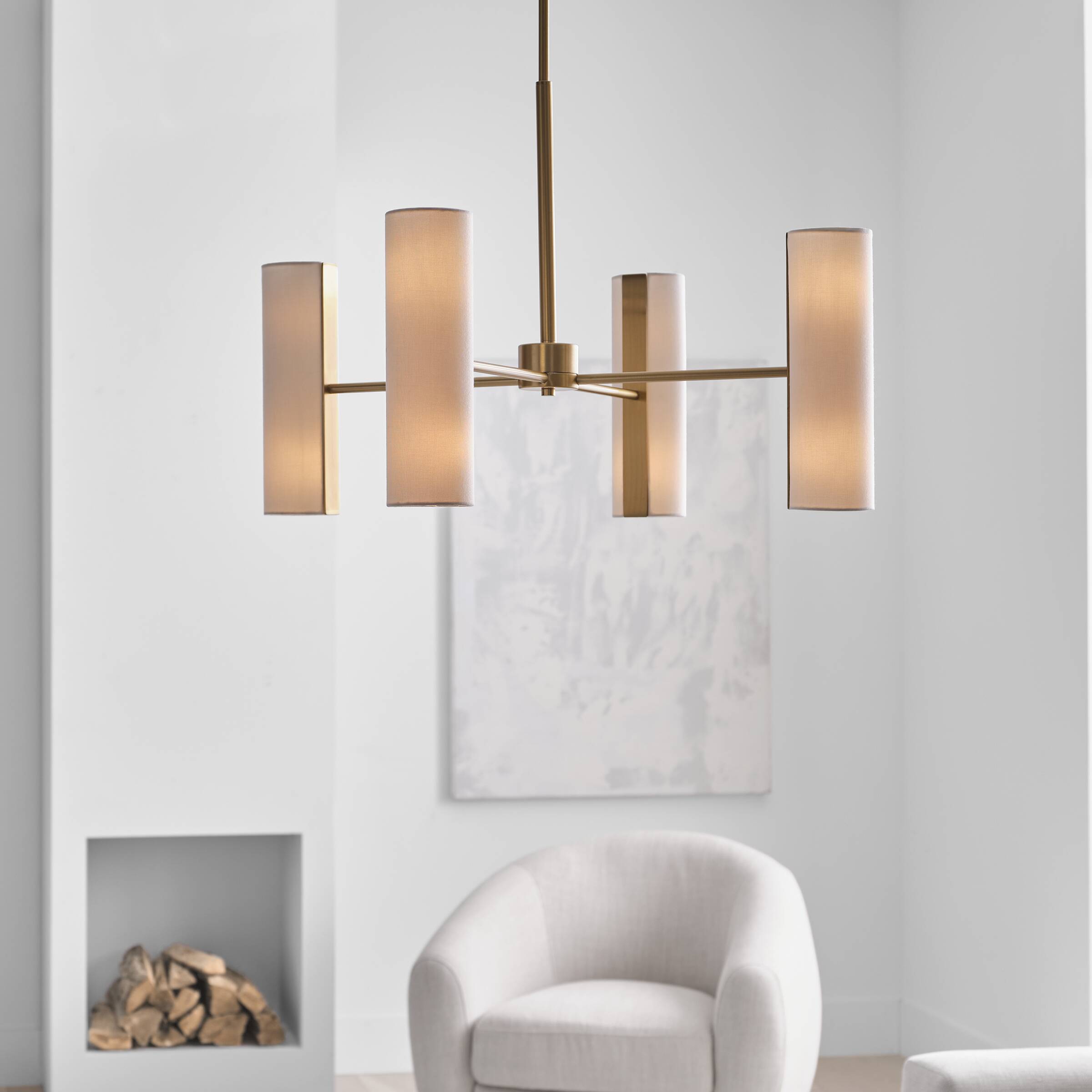 Satin Brass 8-Light Chandelier with White Linen Shades