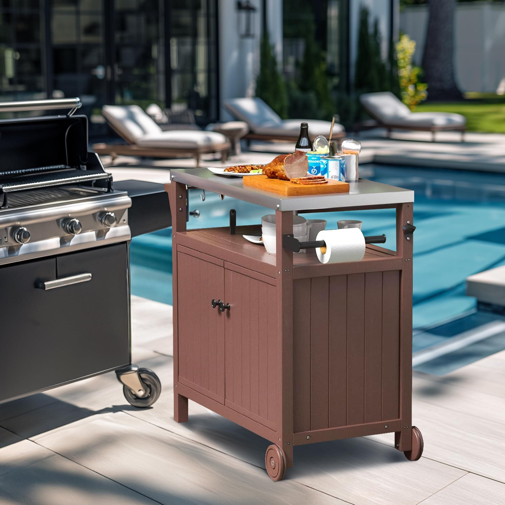 Poly furniture DC-SS05-BR Stainless-Steel Tabletop Outdoor Kitchen Island Brown Plastic Grill cart