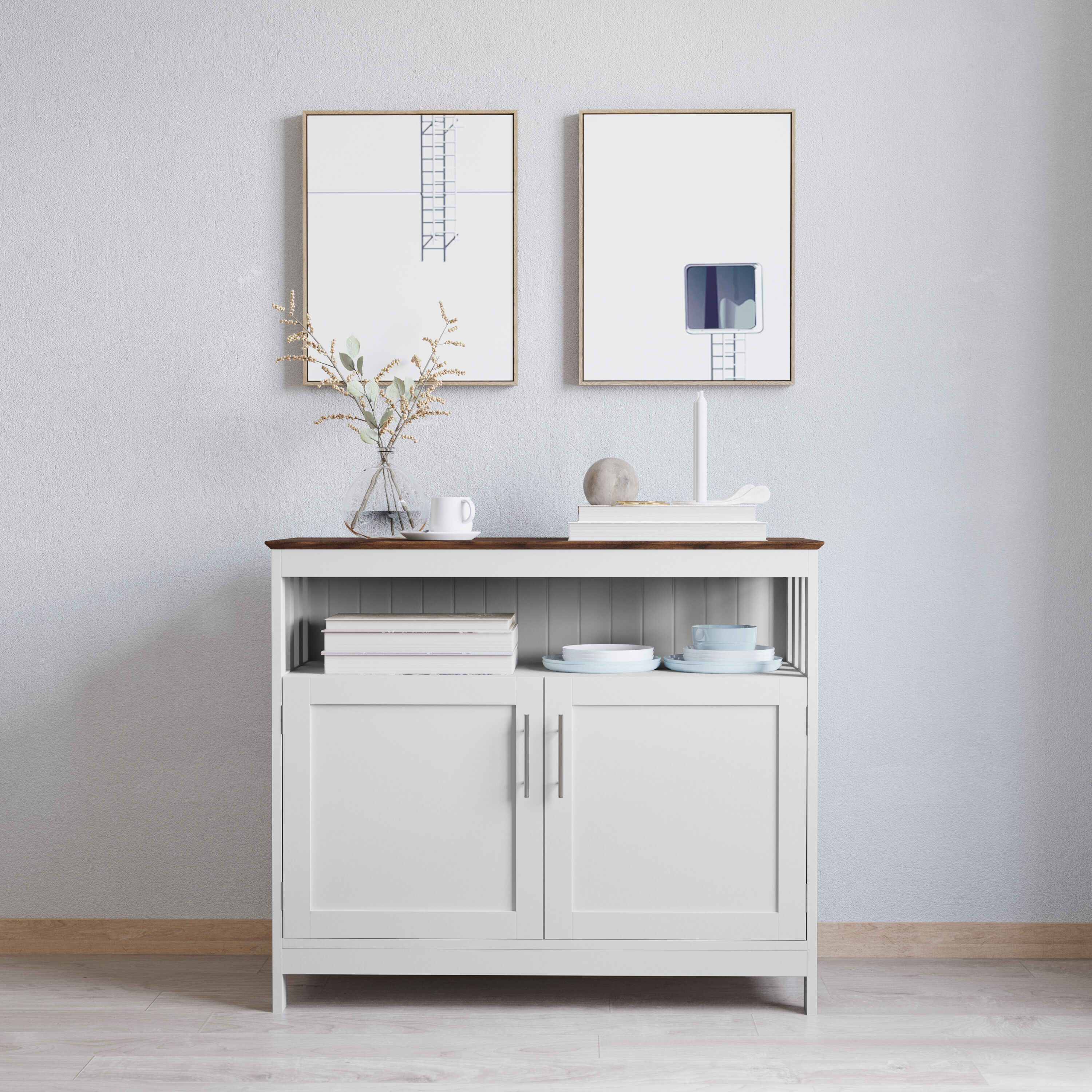 Merrick Lane 196861130342 Tanner Buffet and Sideboard with Storage Cabinet and Upper Shelf in White with Walnut Finish Top