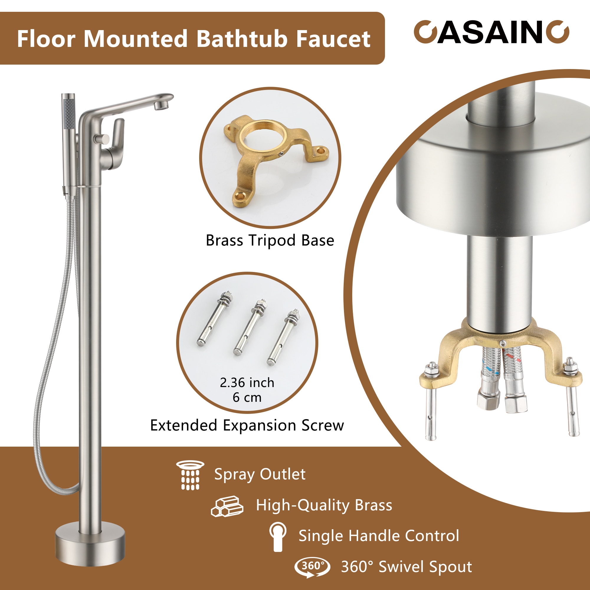 Brushed Nickel Freestanding Bathtub Faucet with Handshower