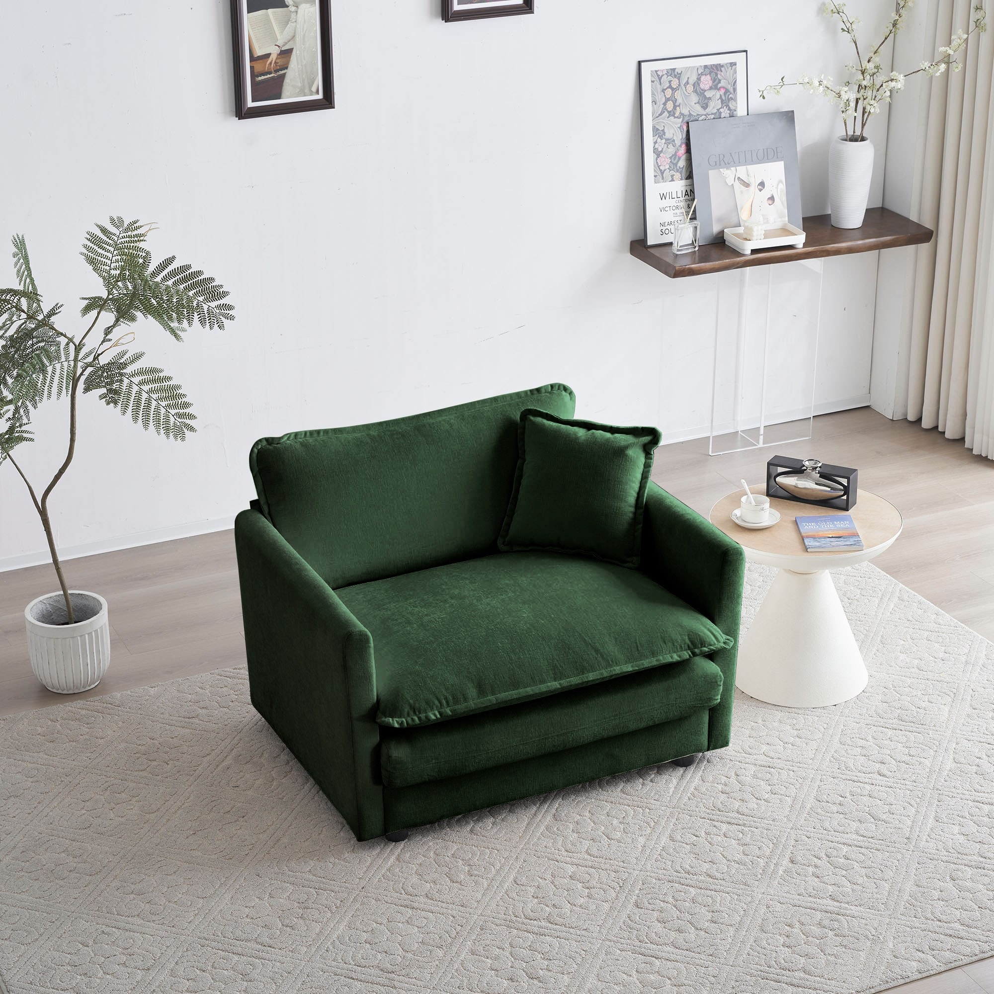 Dexmalle W714S00449 Green Chenille Comfy Deep Single Seat Sofa with 1 Toss Pillow
