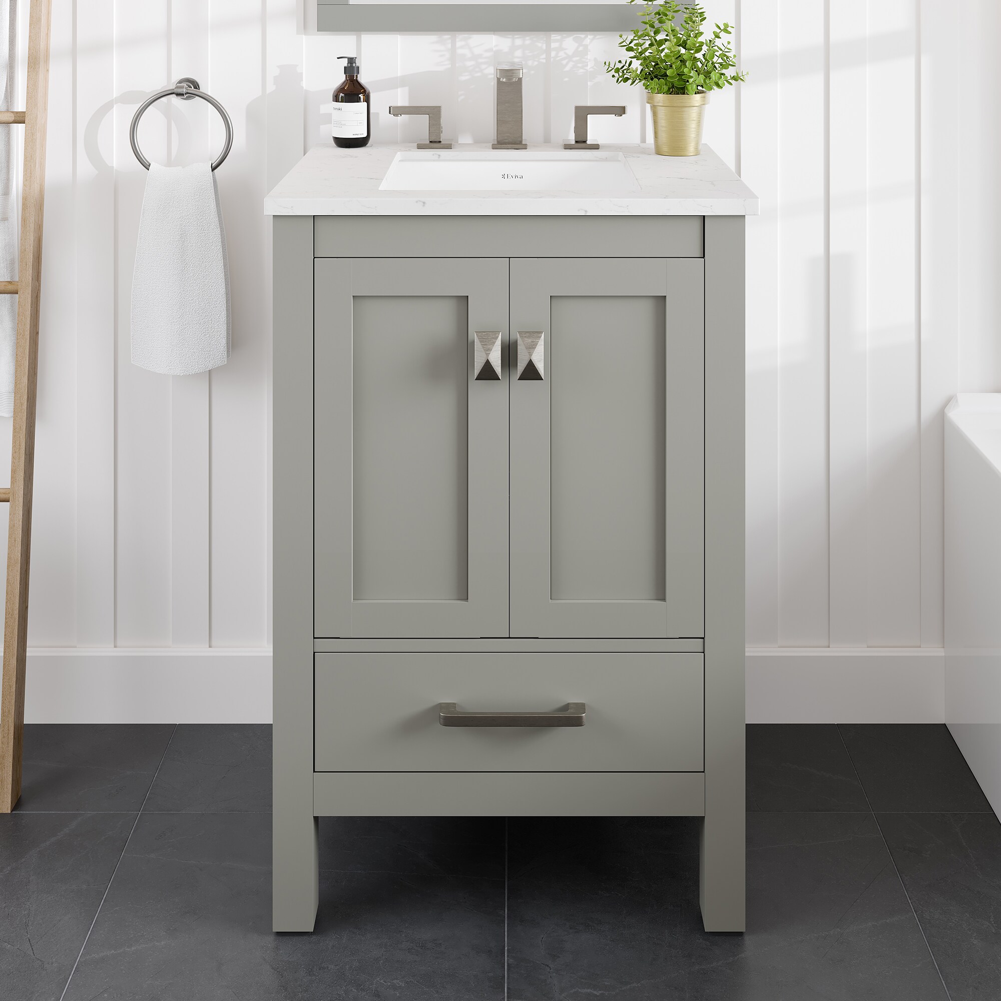 Eviva EVVN412-24GR-Q Aberdeen 24-in Gray Undermount Single Sink Bathroom Vanity with White Quartz Top