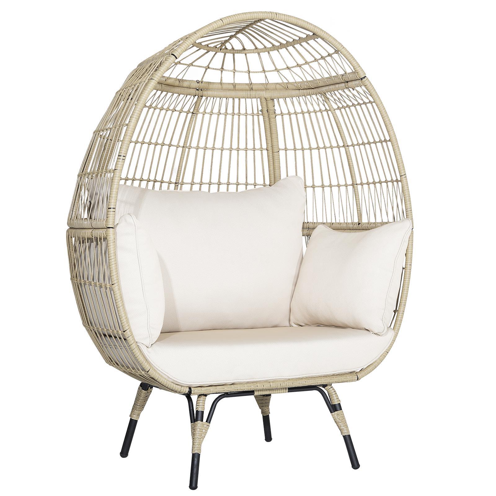 Forclover HYFC-0716+ CH Egg Chair Outdoor Chaise Lounges Rattan Beige Rattan Frame Stationary Egg Chair with Off-white Cushioned Seat