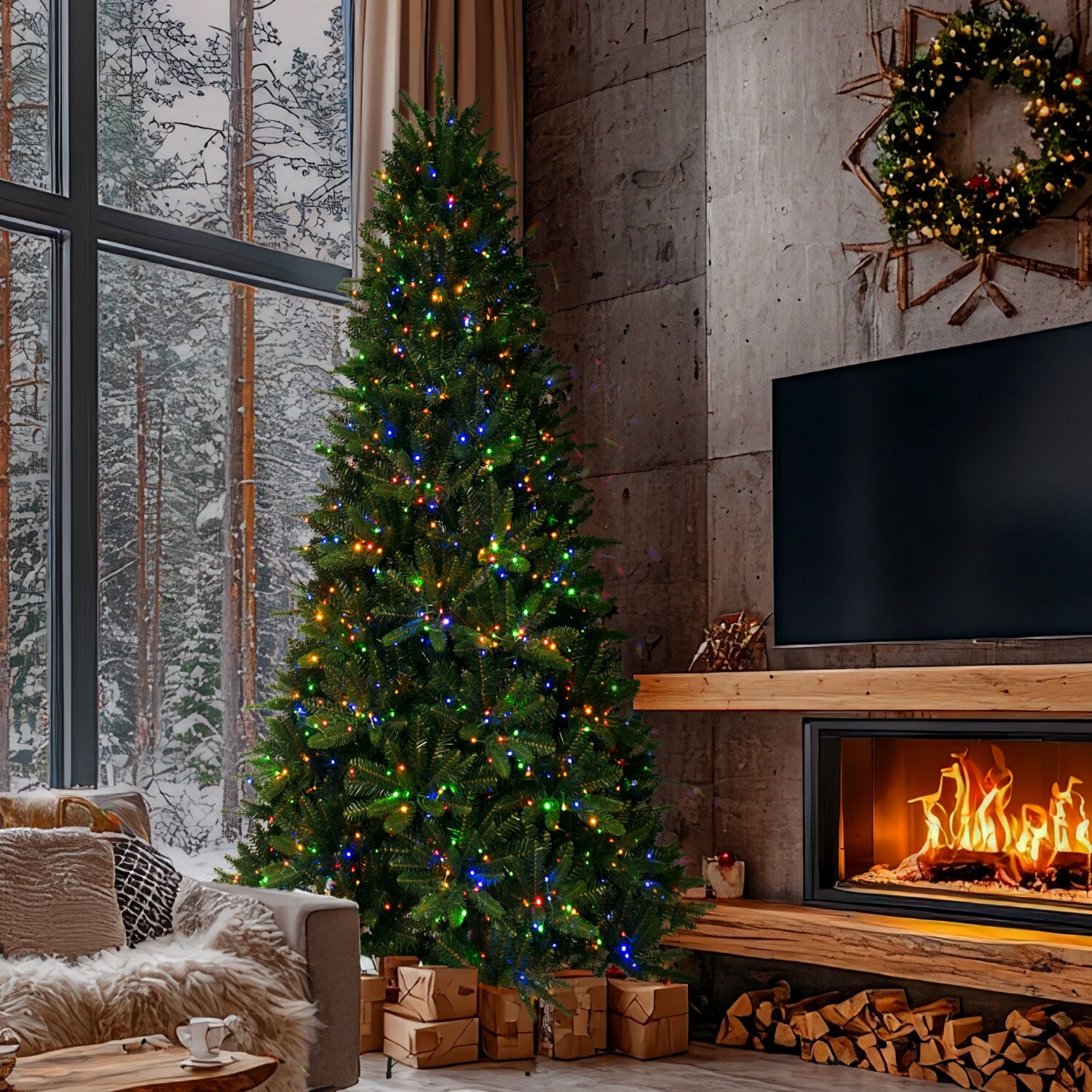 12-Foot York Pine Artificial Christmas Tree with Multicolor LED Lights