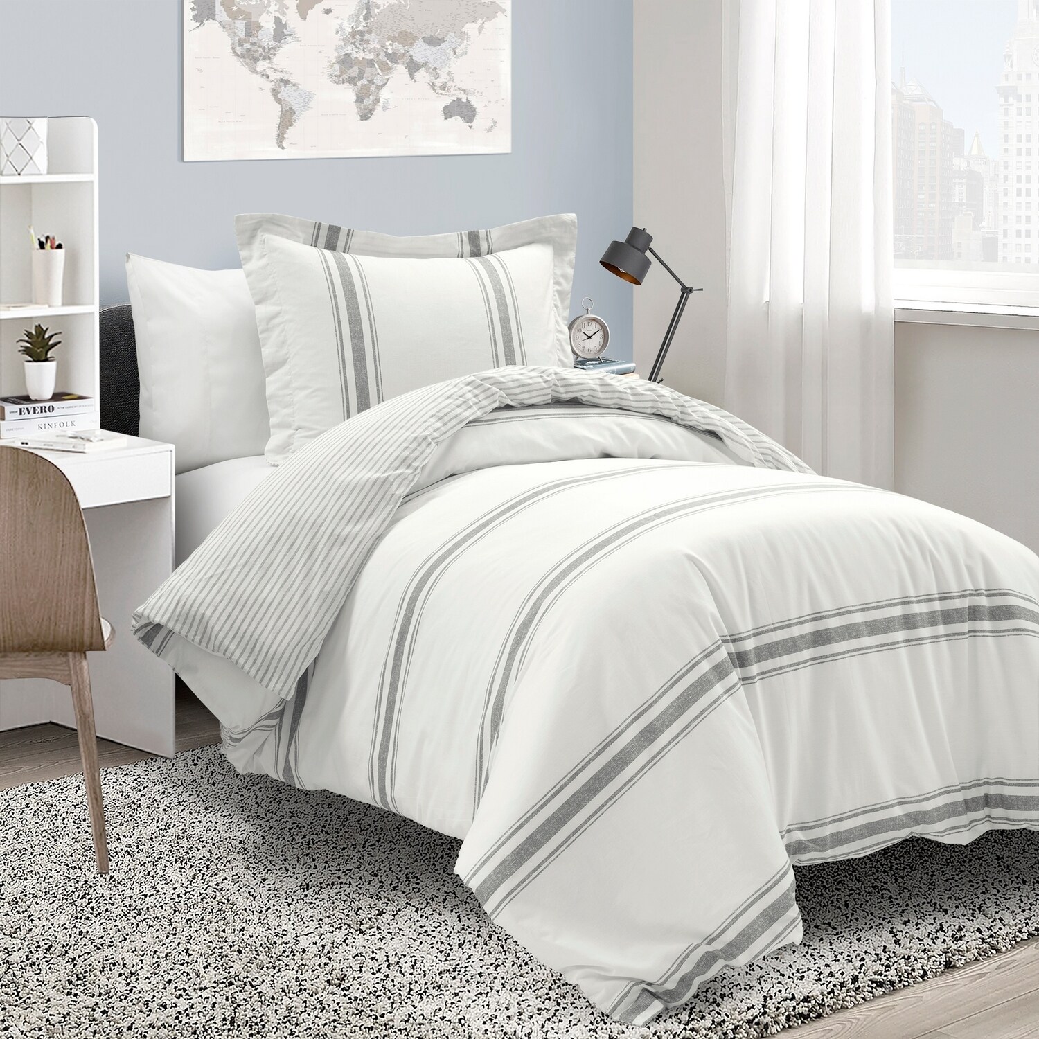 Dark Gray and White Cotton Twin XL Reversible Duvet Cover Set