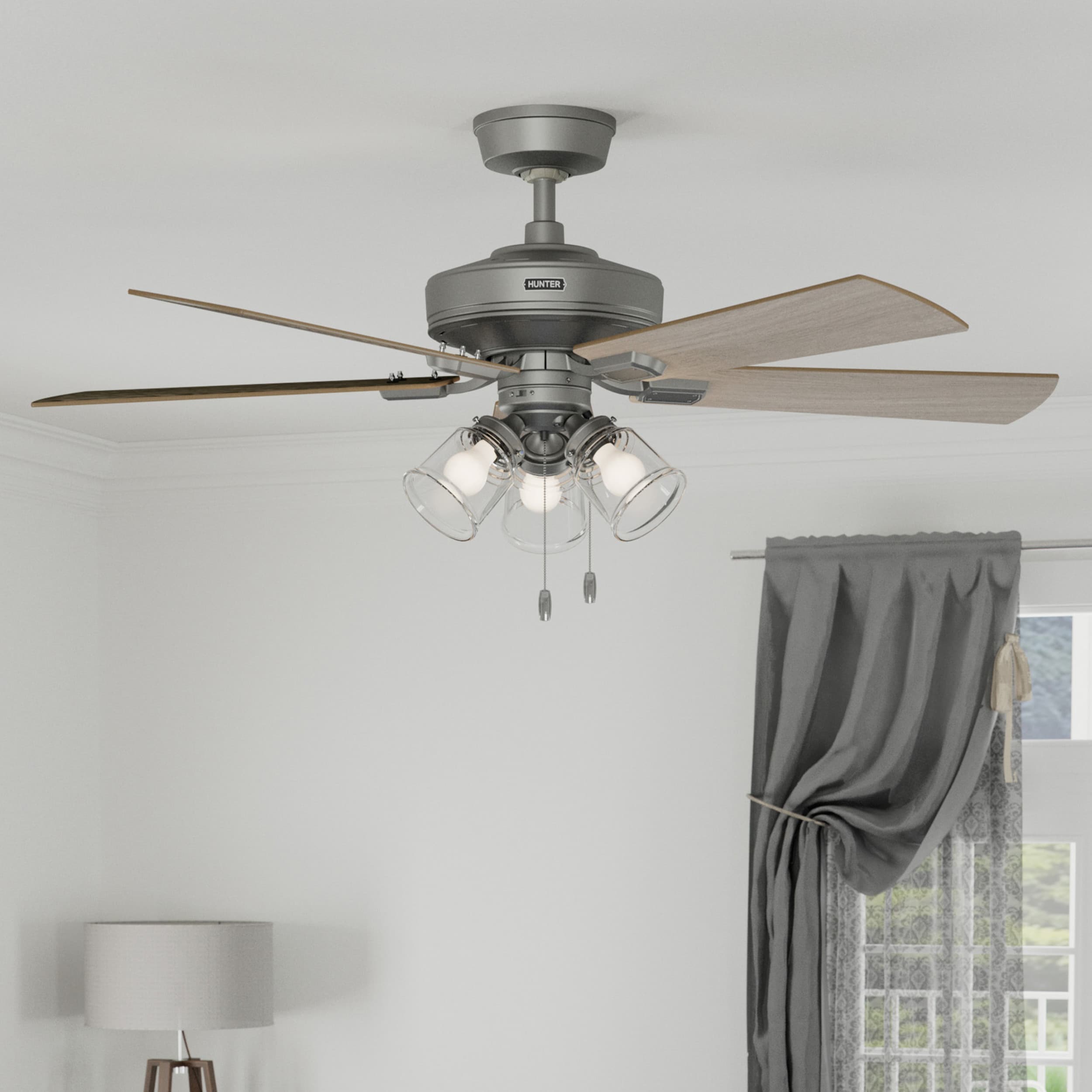 Hunter 52534 Crestfield Easy Install 52-in Matte Silver with Light Gray Oak Blades Ceiling Fan With Light ( 5 -Blade )