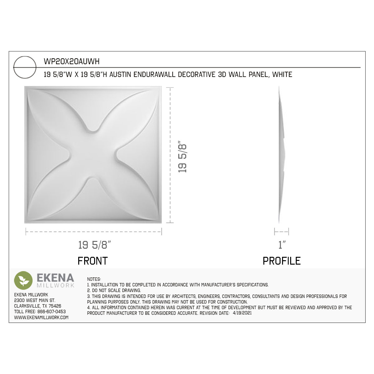 Ekena Millwork WP20X20AUWH-CASE-12 Wall-Panels - View #2