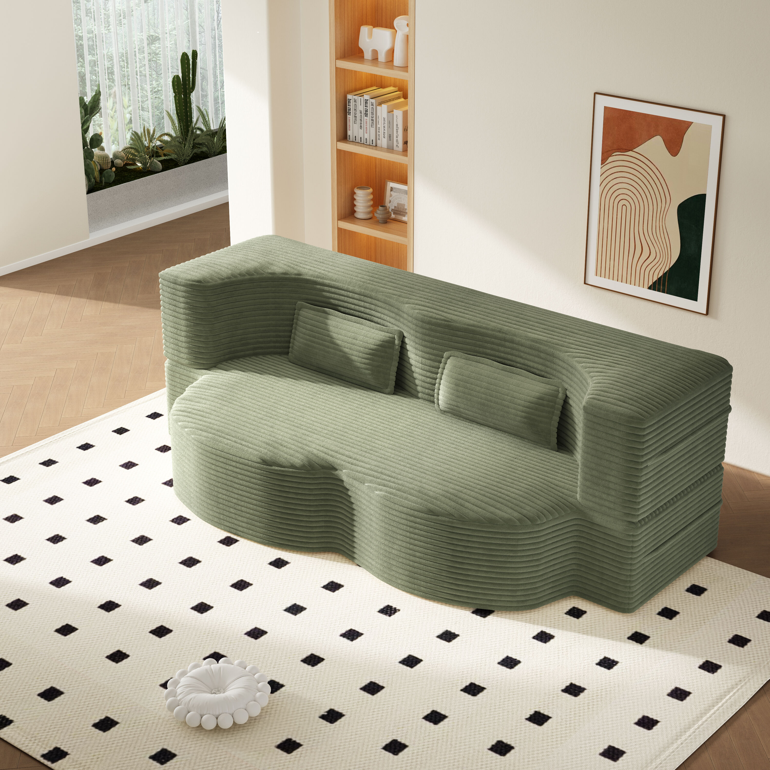 LOVMOR  78.7inch Convertible Compressed Sleeper Sofa Corduroy Green Couch with Pillows for Living Room Apartment No Assembly