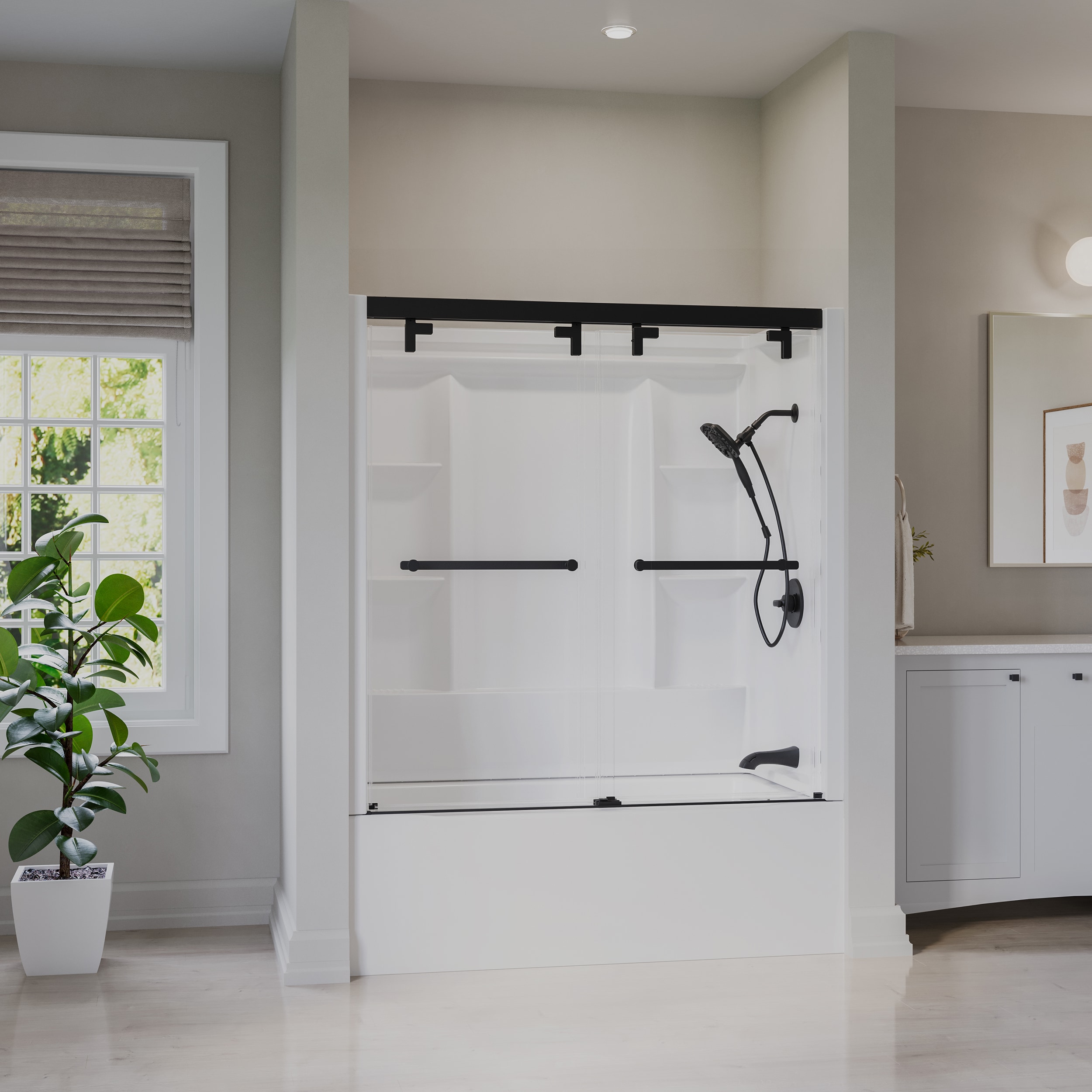 Delta   EverEdge 32-in L x 60-in W x 61-in H High Gloss White 3 -Piece Direct to Stud Bathtub Surround with Alcove Right Drain Bathtub and Matte Black 53-in to 60-in W x 60.75-in H Frameless Clear Glass Sliding Shower Door