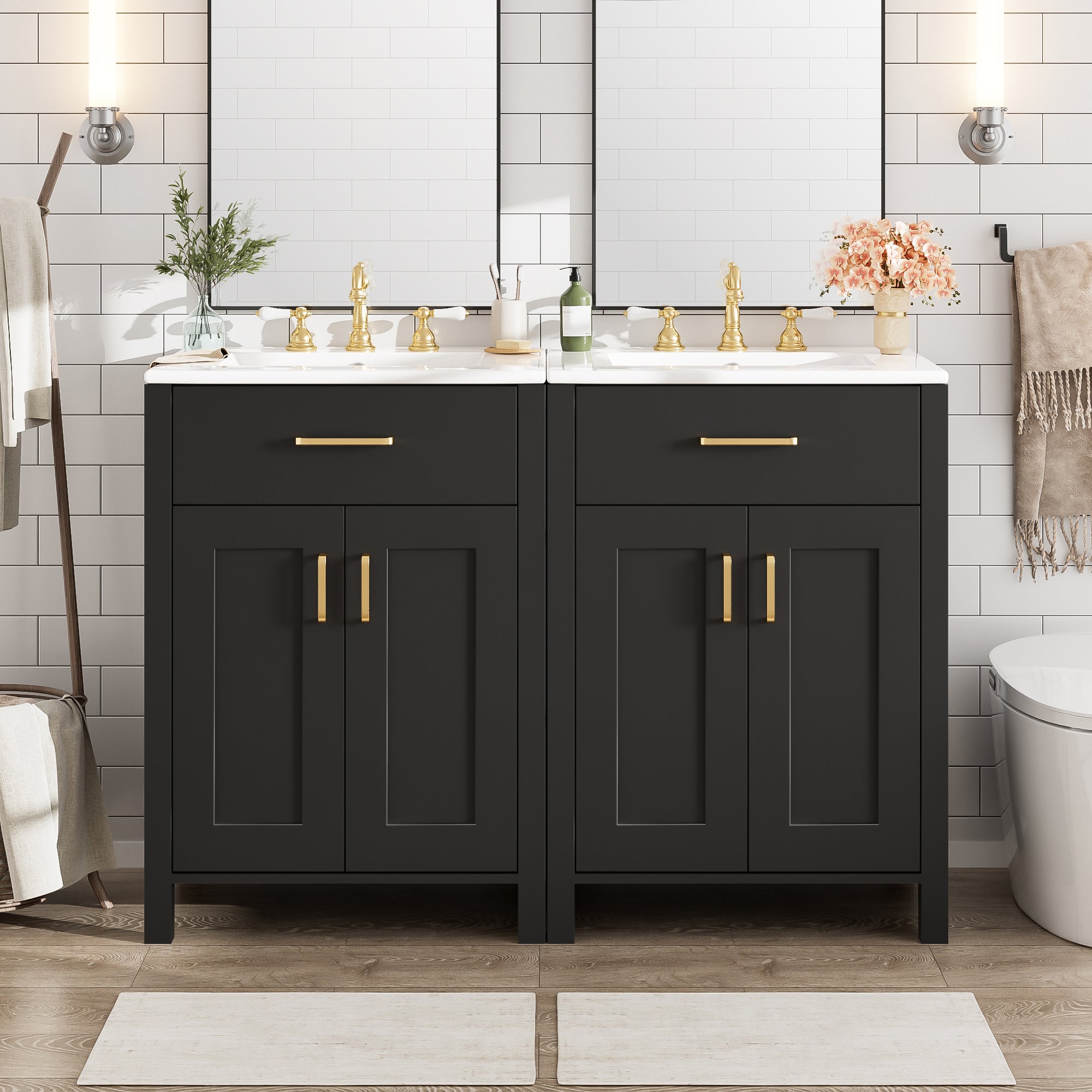 Boyel Living BL-VY-0008B 48 Inch Modern Double Bathroom Vanity with Dual Ceramic Sinks and Soft-Close Doors and Flip Drawer and Gold Handles and Adjustable U-Shaped Shelf